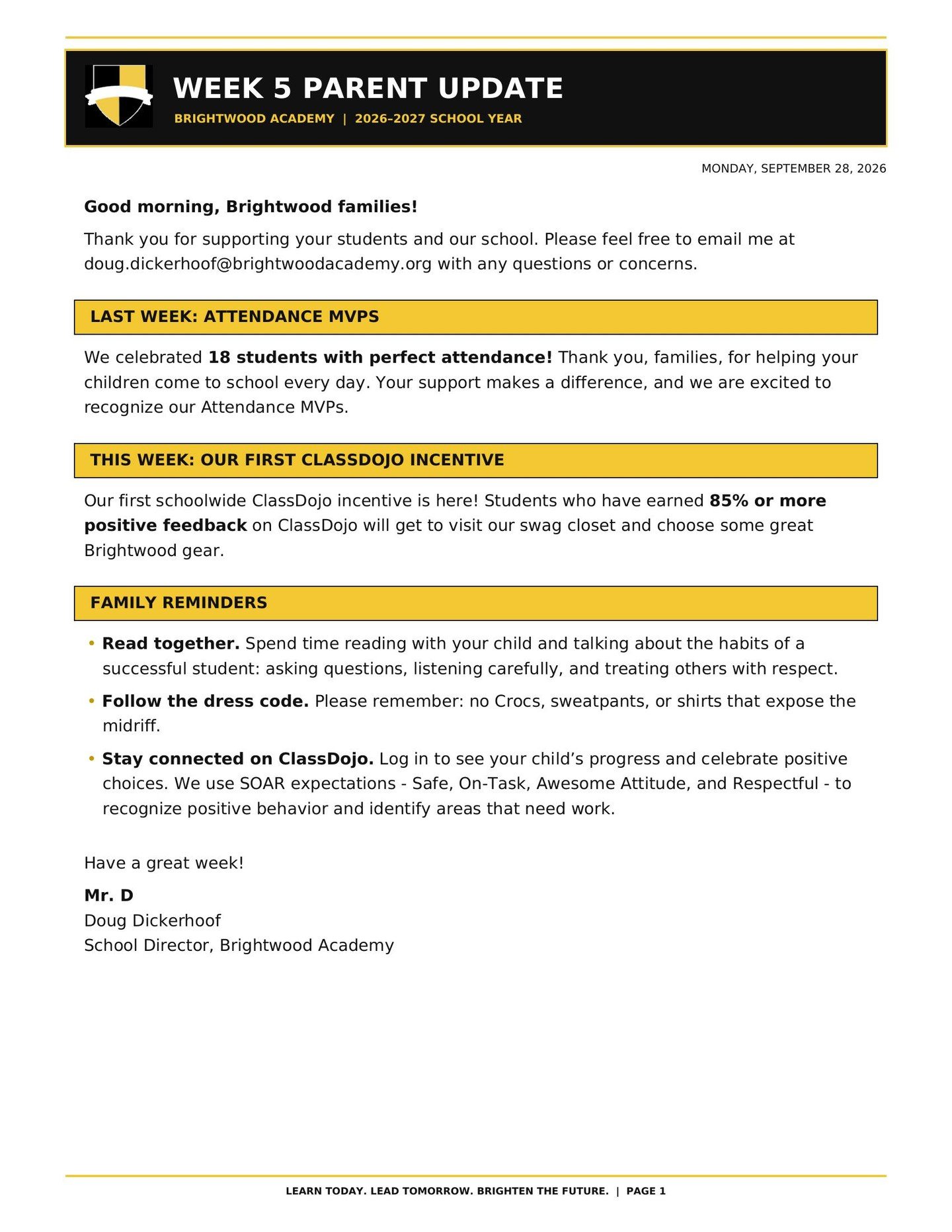 Here's this week's parent letter. Have a great week!!!