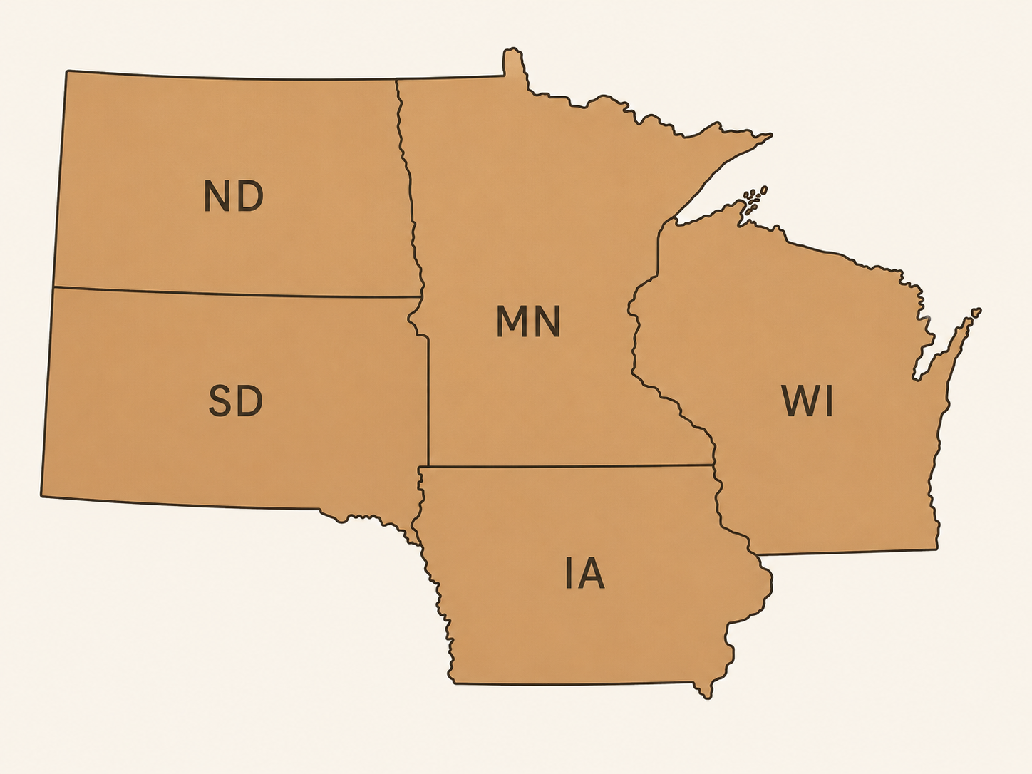 Map of Commercial Interior Advisors’ Upper Midwest territory covering Minnesota, Wisconsin, Iowa, North Dakota, and South Dakota.