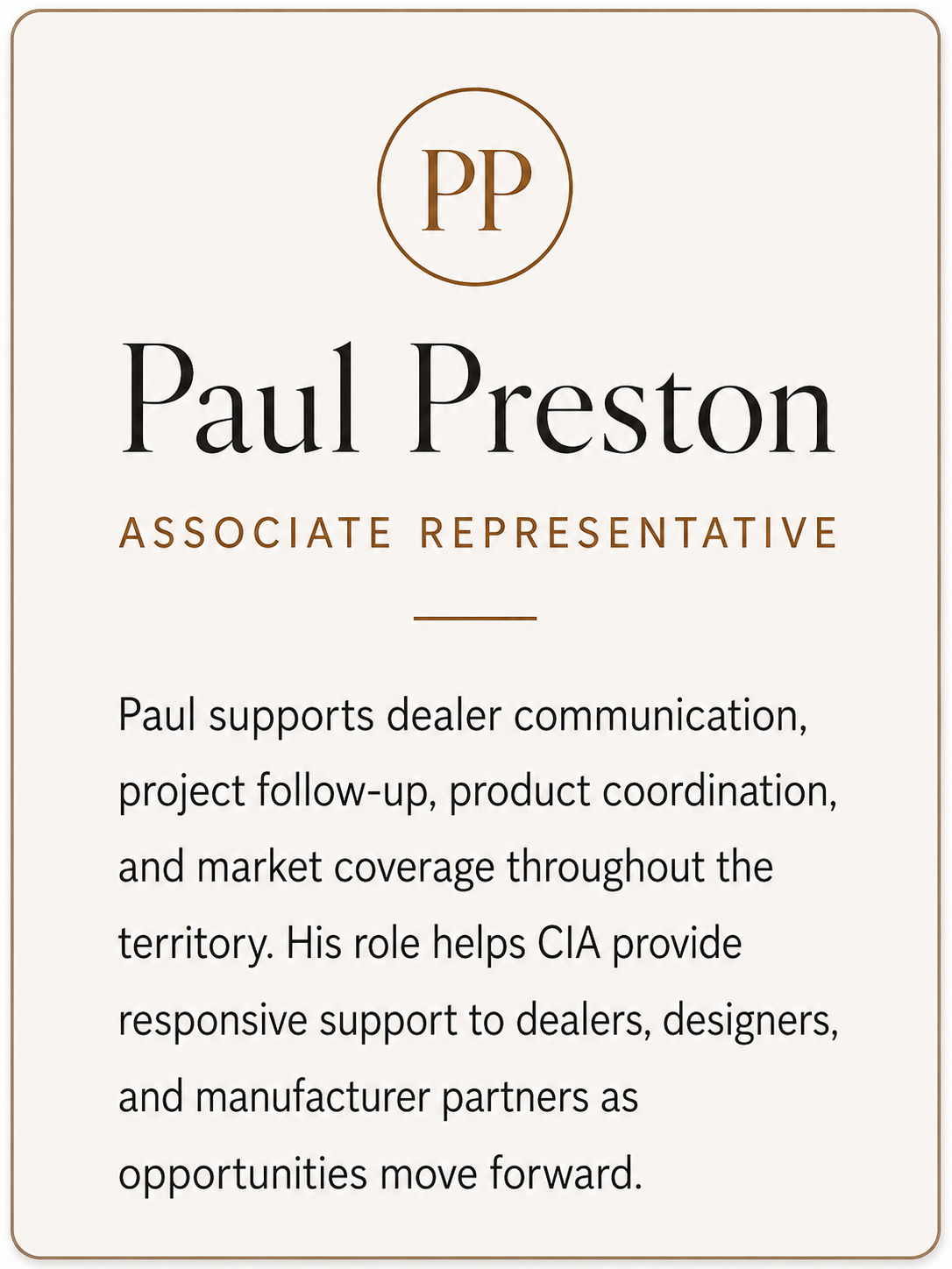 Paul Preston, Associate Representative at Commercial Interior Advisors, supporting dealer communication, product coordination, and project follow-up across the Upper Midwest.