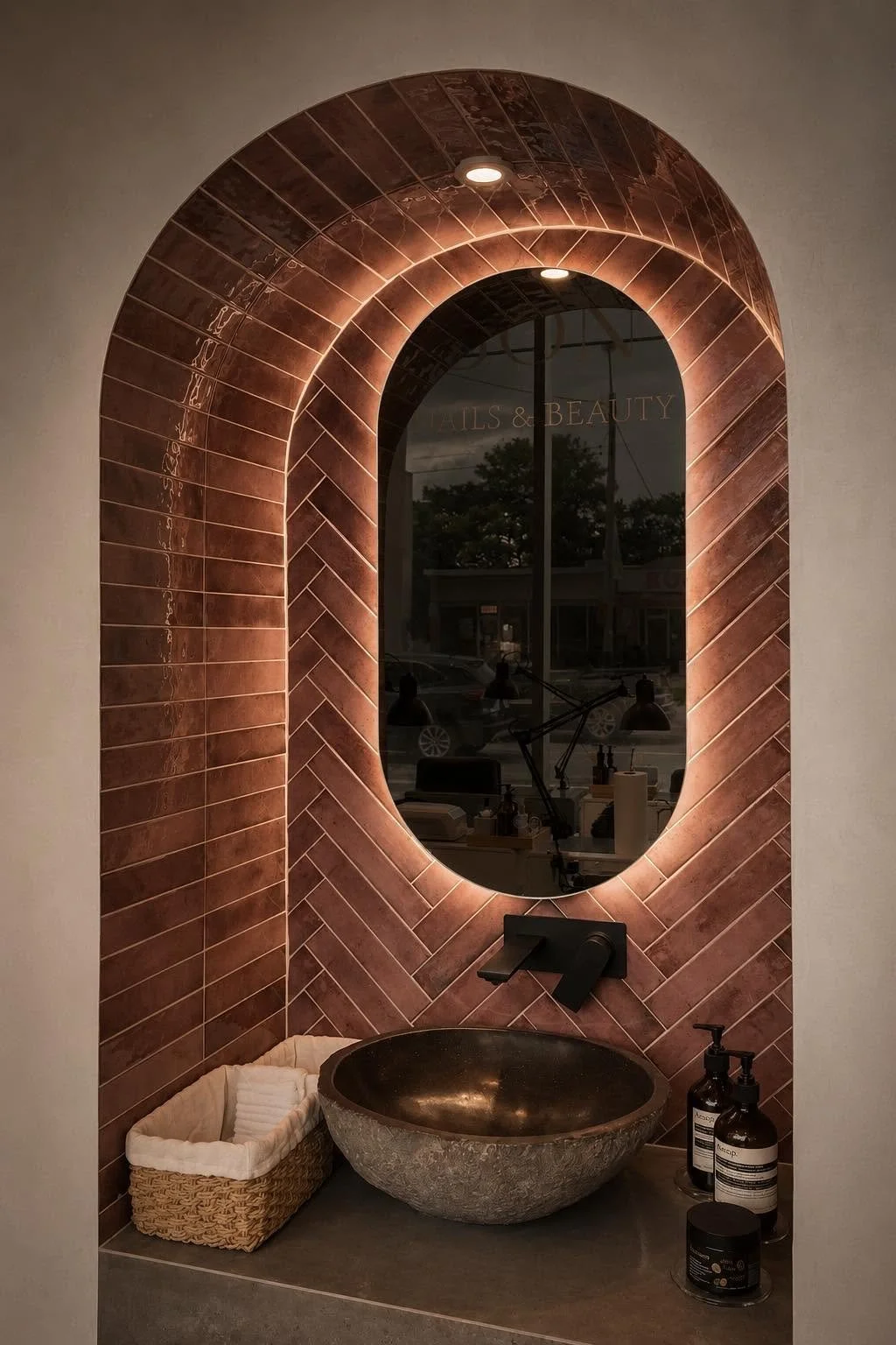 A bathroom vanity area with a round stone sink, a large oval mirror with backlit lighting, and a copper-colored tiled wall. There are bottles of soap or lotions and a basket with towels on the countertop.
