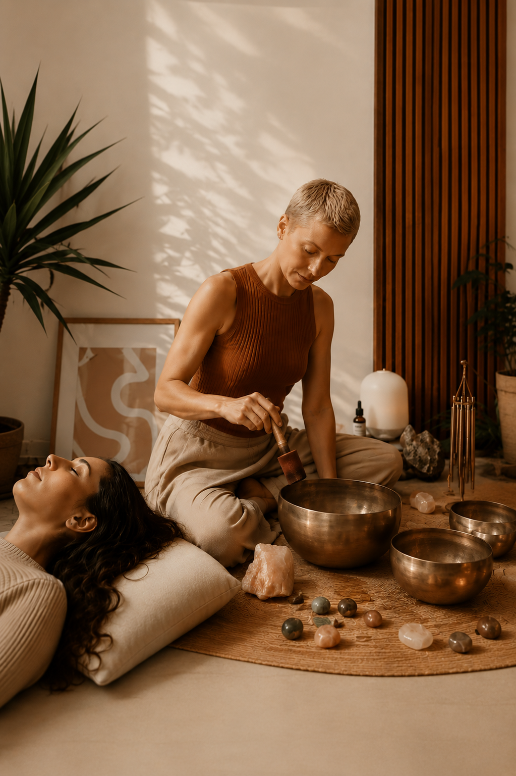 A woman is lying down with her head on a pillow as another woman plays a singing bowl, with crystals and spiritual items around them in a room decorated with plants and abstract art.