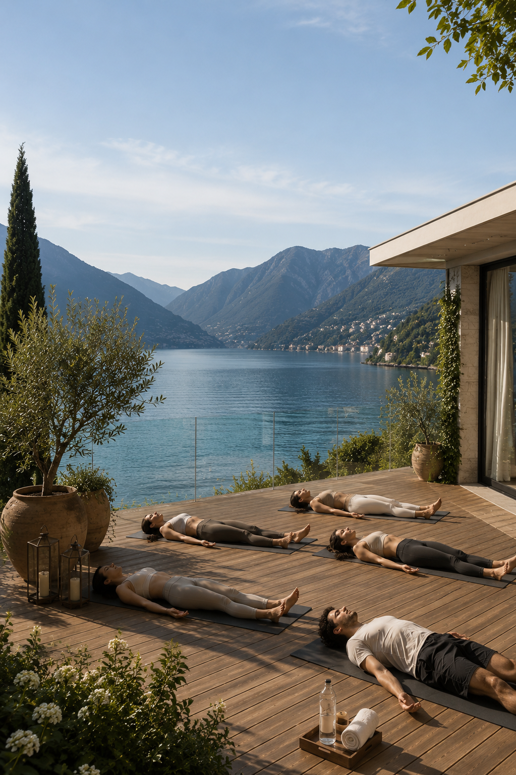Five people lying on yoga mats on a wooden deck overlooking a lake and mountains, practicing meditation outdoors.