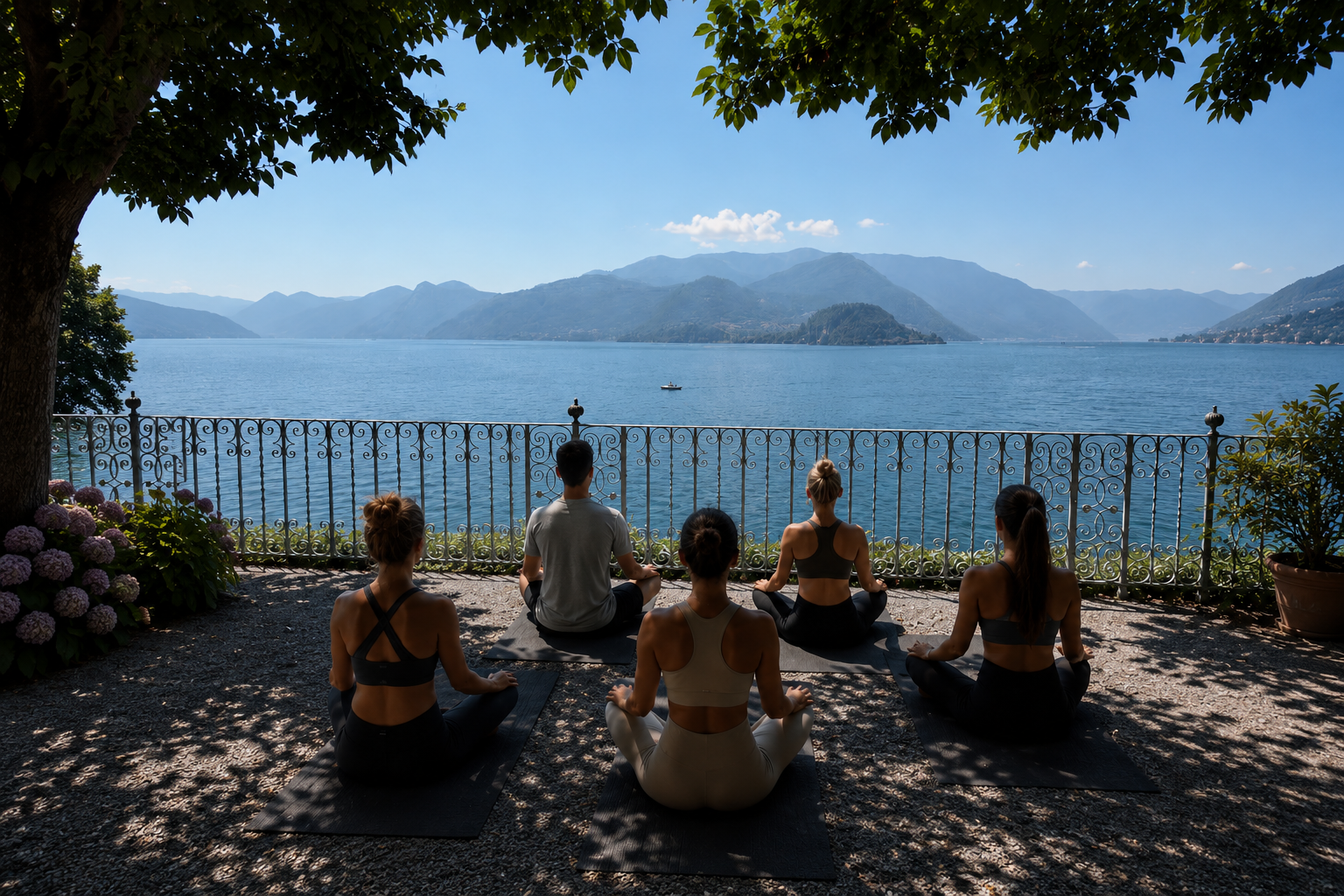 Lakefront group meditation class Buga Retreats