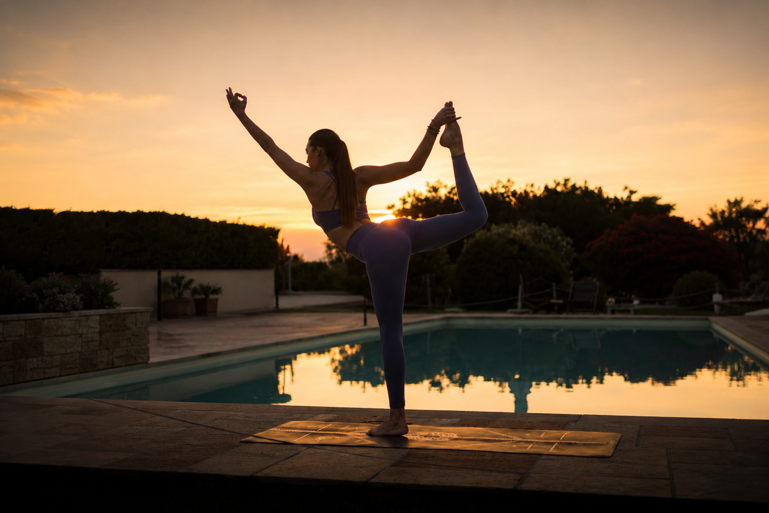 Sunset pool yoga session Buga Retreats