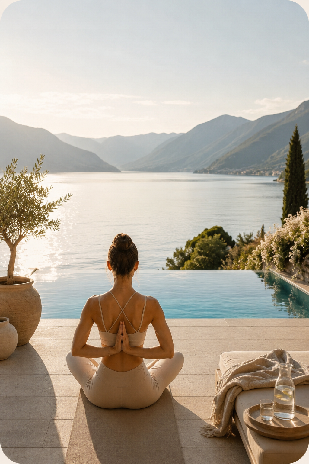 A woman practicing yoga by a pool overlooking a lake and mountains during sunset.