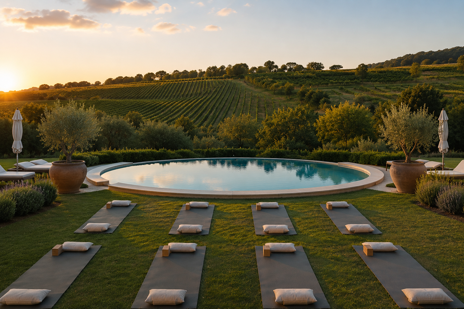 Vineyard pool area Buga Retreats wellnes