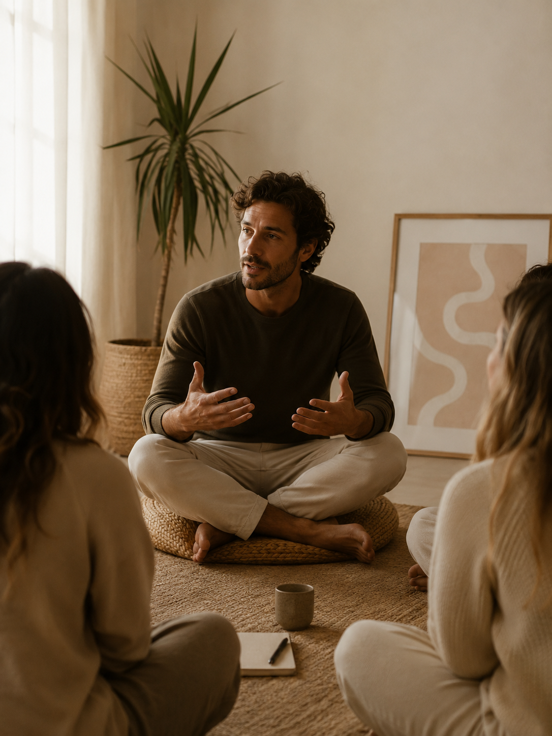A man sitting on the floor with cross-legged, engaging in a conversation with two women, in a cozy room with a large potted plant and a framed abstract artwork in the background.