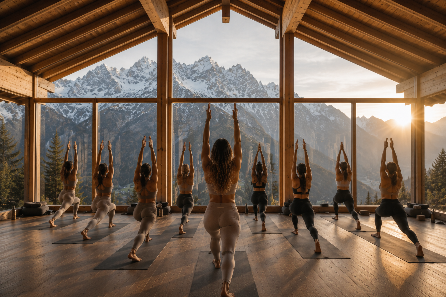 Indoor group yoga class Buga Retreats