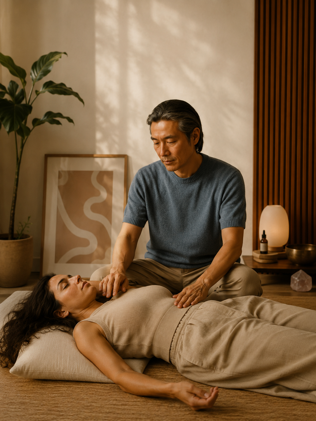 A person lies face-up on a cushion with their eyes closed, receiving a massage from a man kneeling beside them, in a softly lit room with plants, artwork, and calming decor.