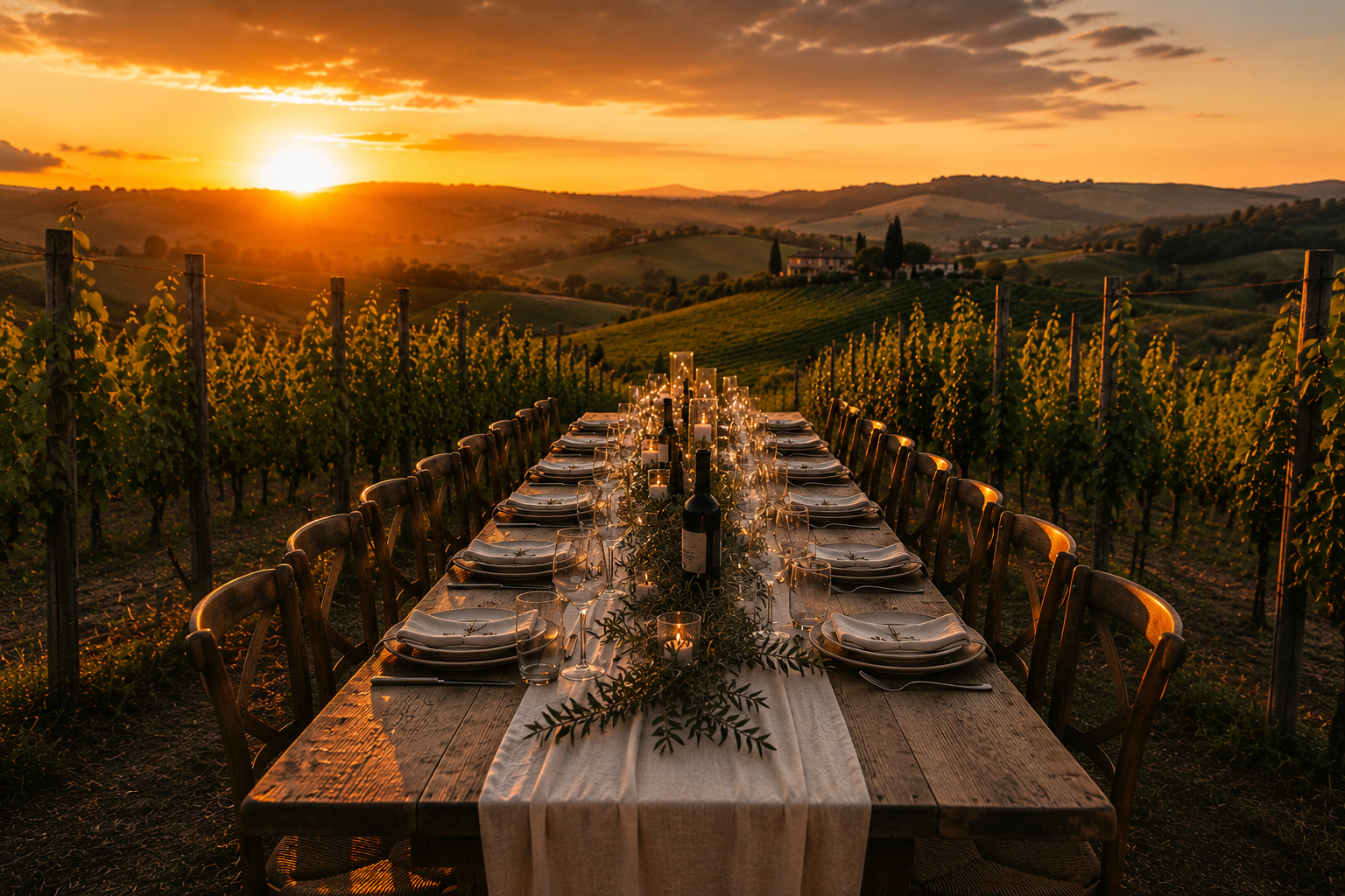 Long outdoor dining table set with wine bottles, glasses, plates, and candles, situated in a vineyard with rolling hills at sunset.