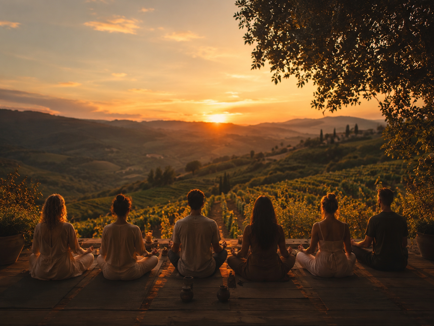 Buga Retreats sunset vineyard group meditation.