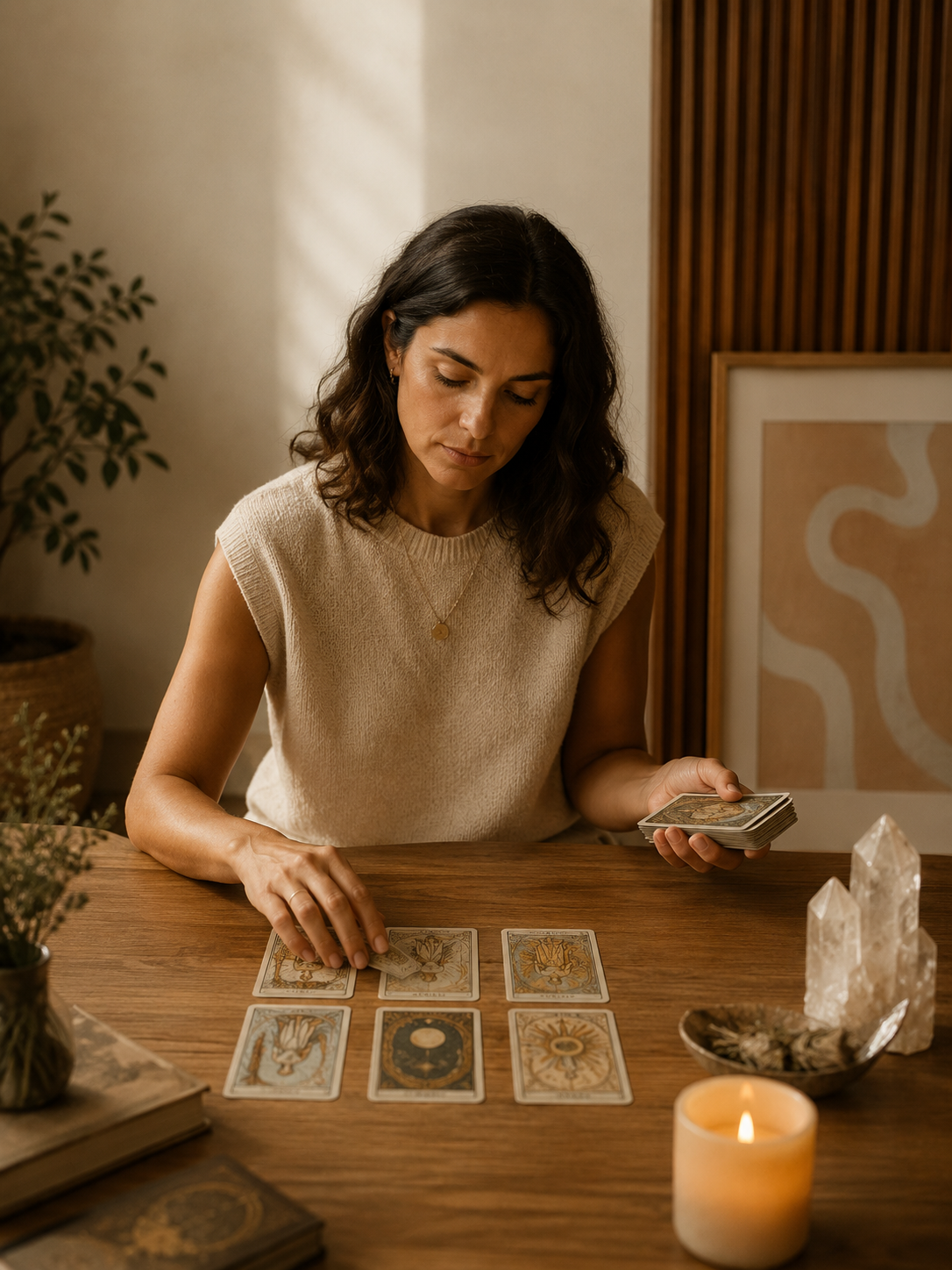 A woman with dark hair and a beige sleeveless top sitting at a wooden table, holding tarot cards, with several cards laid out on the table in front of her, a lit candle, crystals in a bowl, and decorative items around.