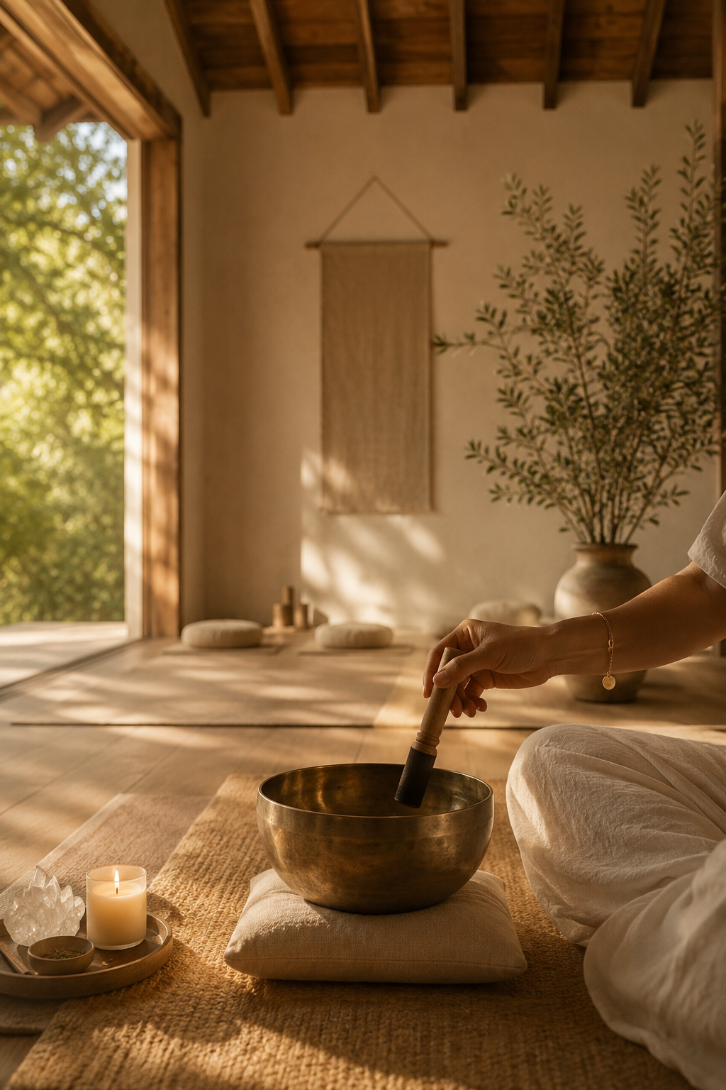 Person sitting cross-legged in a meditation room, holding a singing bowl with a mallet, surrounded by candles, crystals, and natural decor, sunlit through large windows.