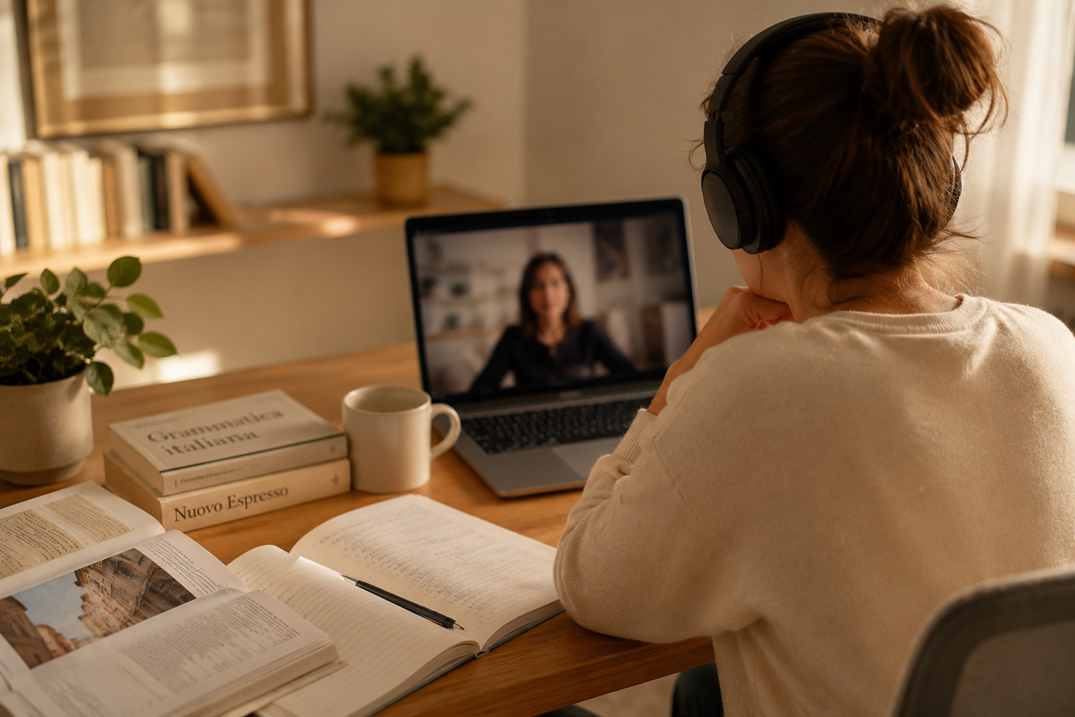 Adult learner wearing headphones while studying Italian books during an online language lesson.
