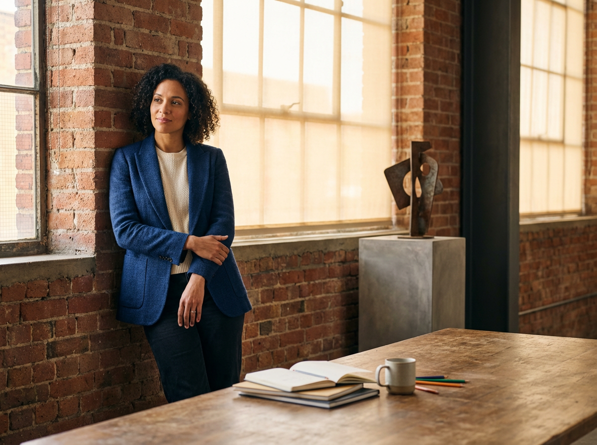 A woman with curly hair wearing a blue blazer standing in an art studio with brick walls and large windows, next to a wooden table with books, a mug, and colored pencils.