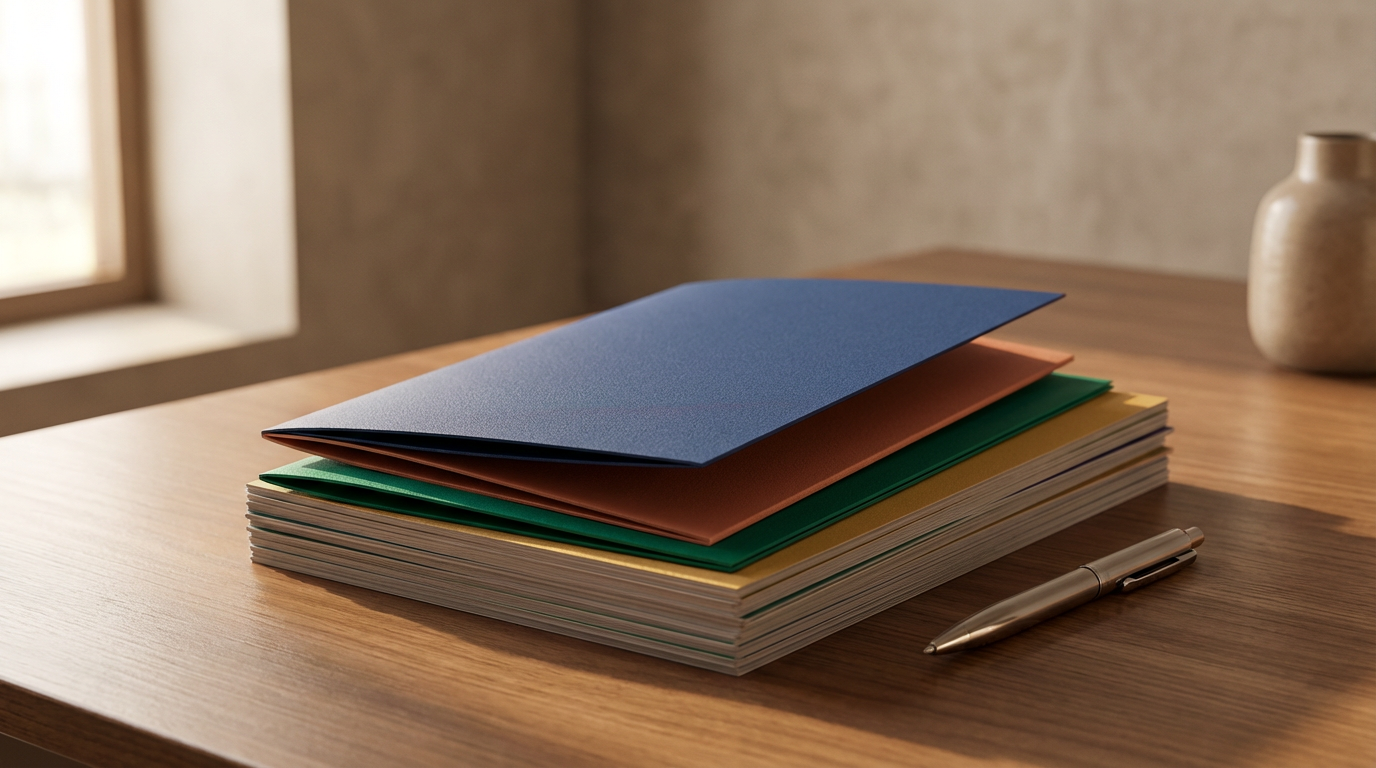 A stack of colorful folders and papers on a wooden desk with a silver pen beside it, in front of a window with sunlight.