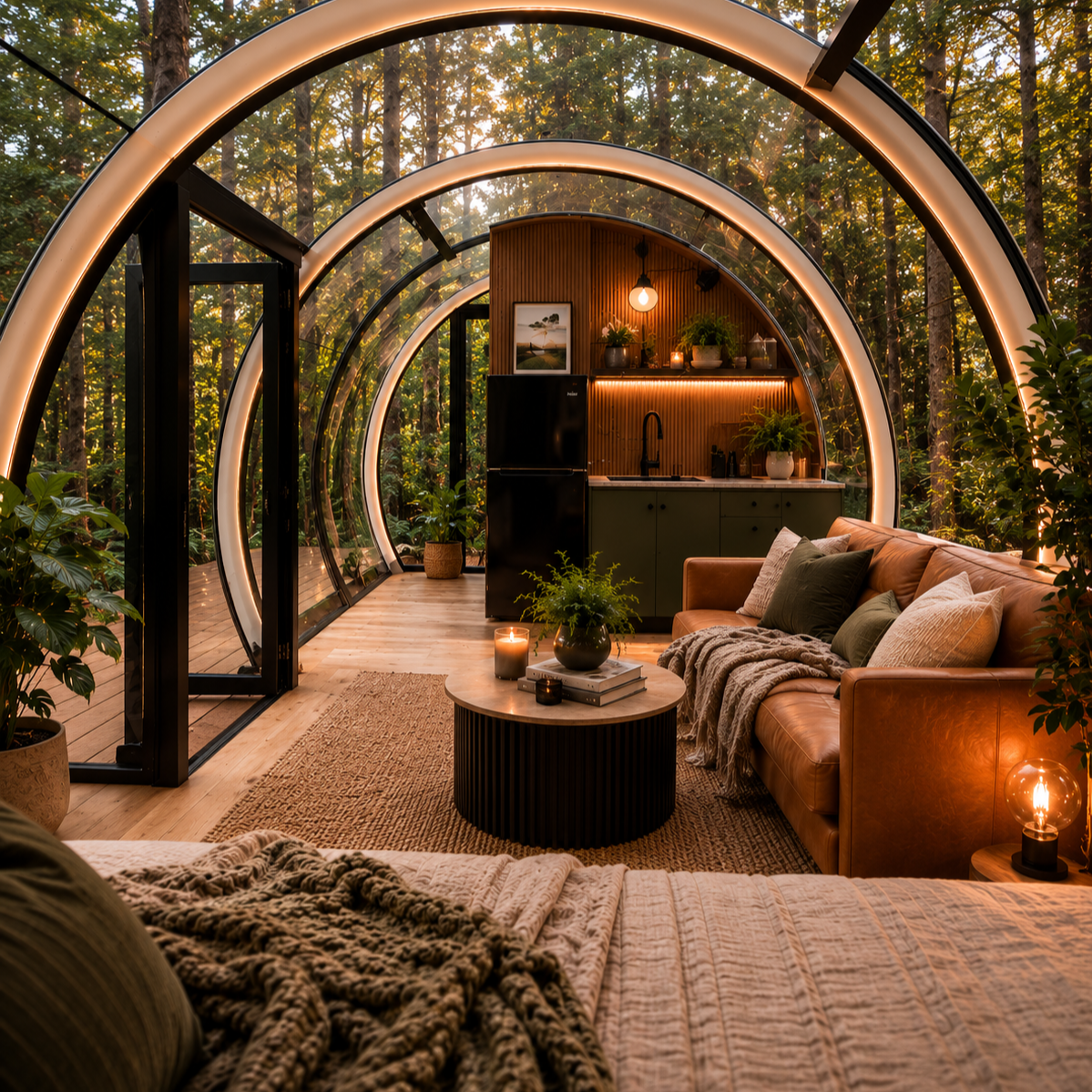 A cozy, modern indoor living space with a curved glass wall opening to a forest outside. The room features a tan leather sofa with pillows and a knitted blanket, a round coffee table with candles and plants, and a kitchenette in the background with warm lighting and potted plants.