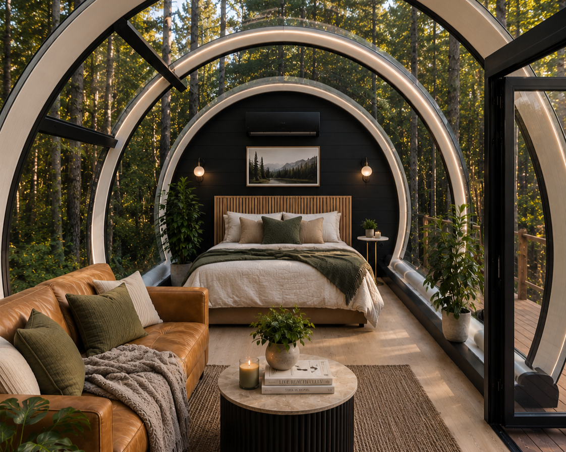 Interior of a modern tiny home with a curved glass wall, showcasing a bedroom with a bed, nightstand, and artwork, and a living area with a leather sofa, coffee table, and plants.