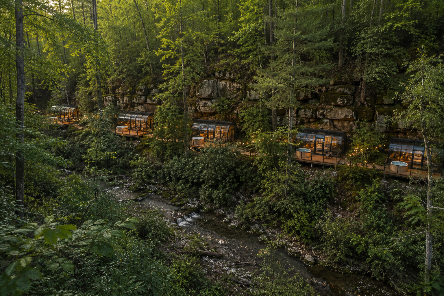 Series of glass-enclosed Tubbo units with wooden deck, illuminated with string lights, set along a forested hillside next to a creek.