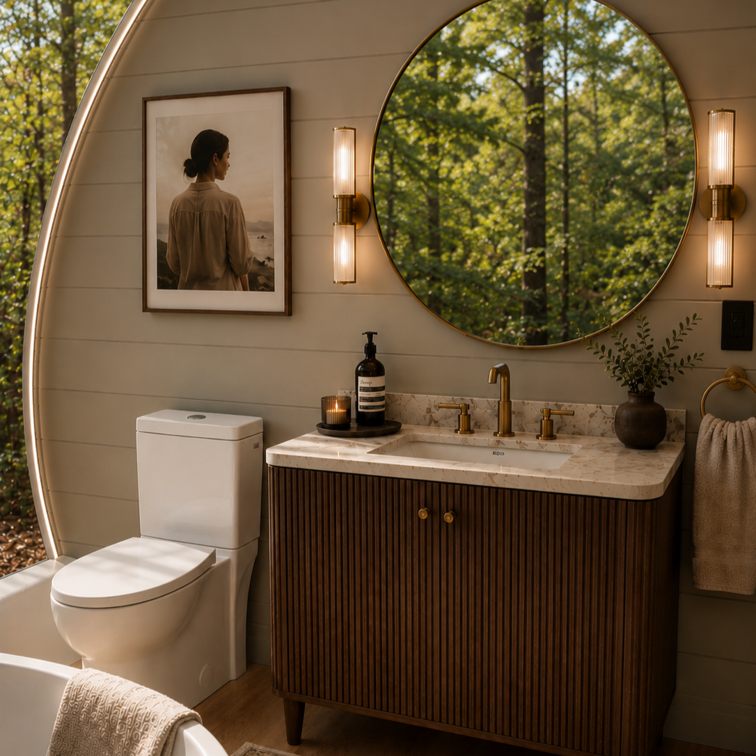 Bathroom with a large round mirror, wooden vanity with a marble countertop, gold fixtures, a black vase with greenery, a bottle of soap, and a candle. A framed photo of a woman facing away is on the wall, with a forest visible outside the window.