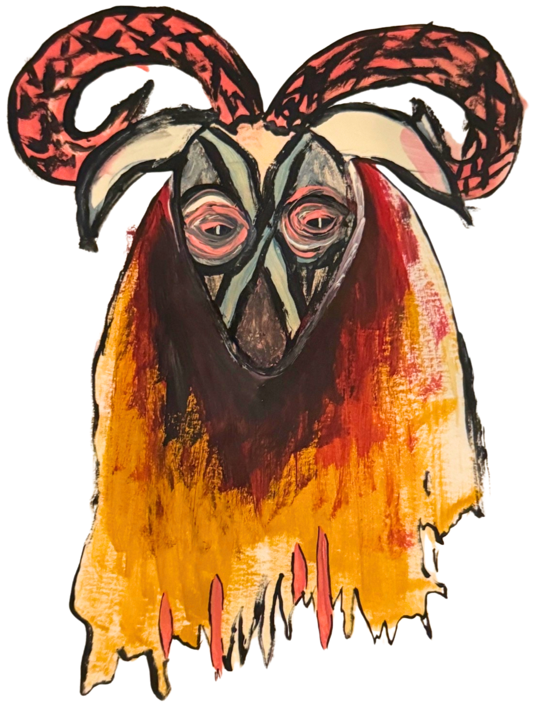 Painting of a creature with goat-like horns, a bird-like face with large eyes, and a colorful, textured body in shades of yellow, orange, and red.