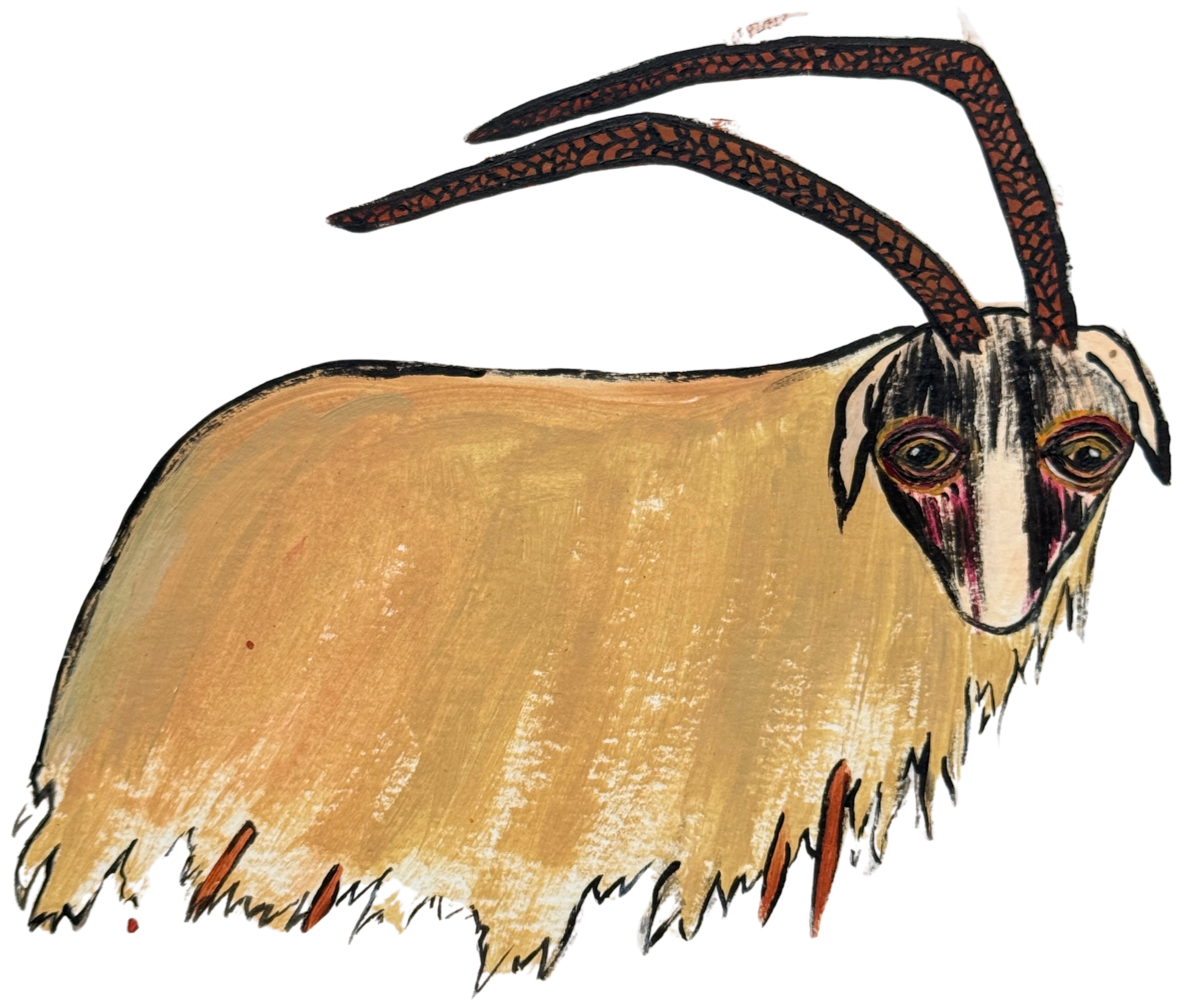 A painted wooden mask resembling an animal, possibly a goat, with long dark horns, an expressive face, and a detailed, textured surface.