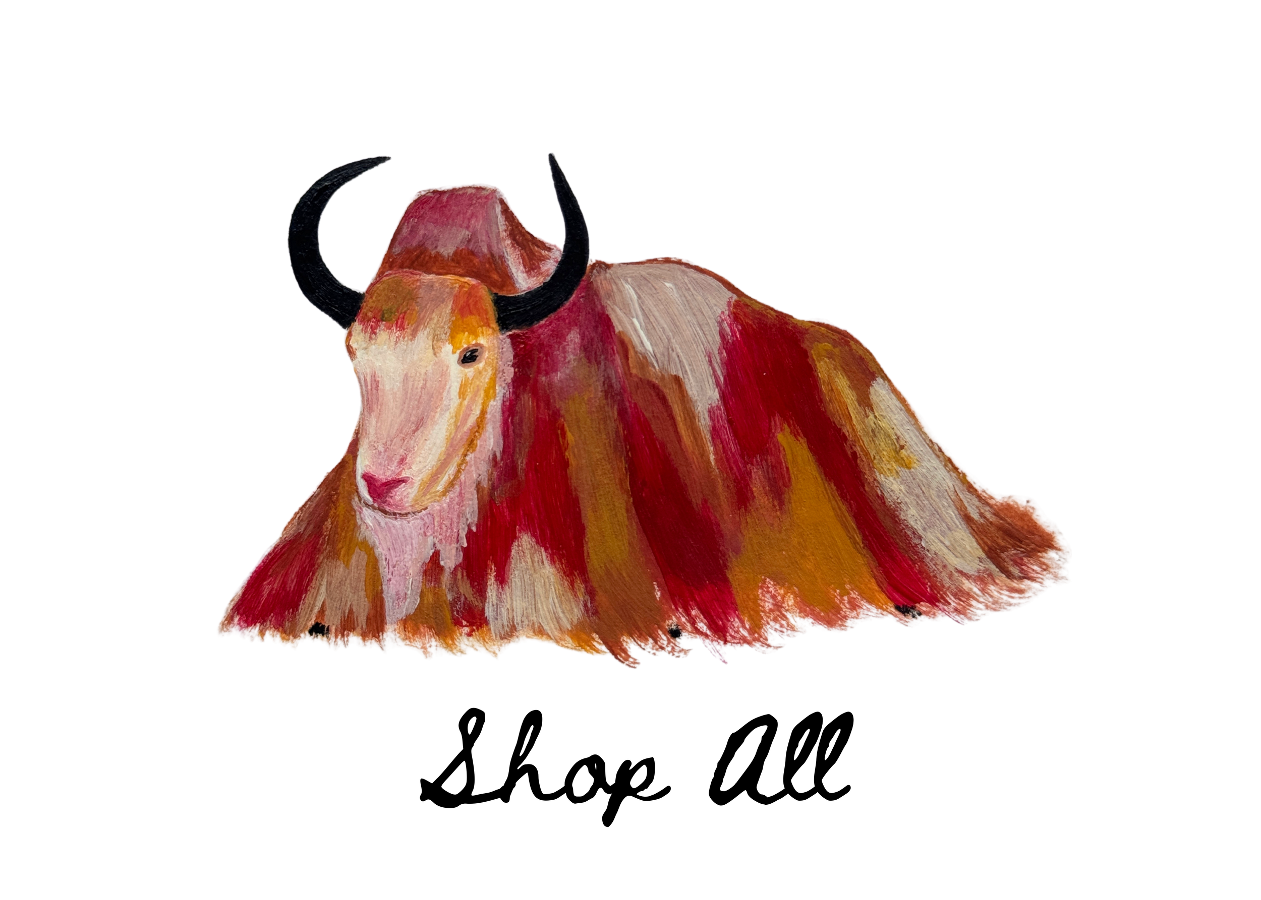 Painting of a bison or yak with a red and orange color palette, detailed with black horns.