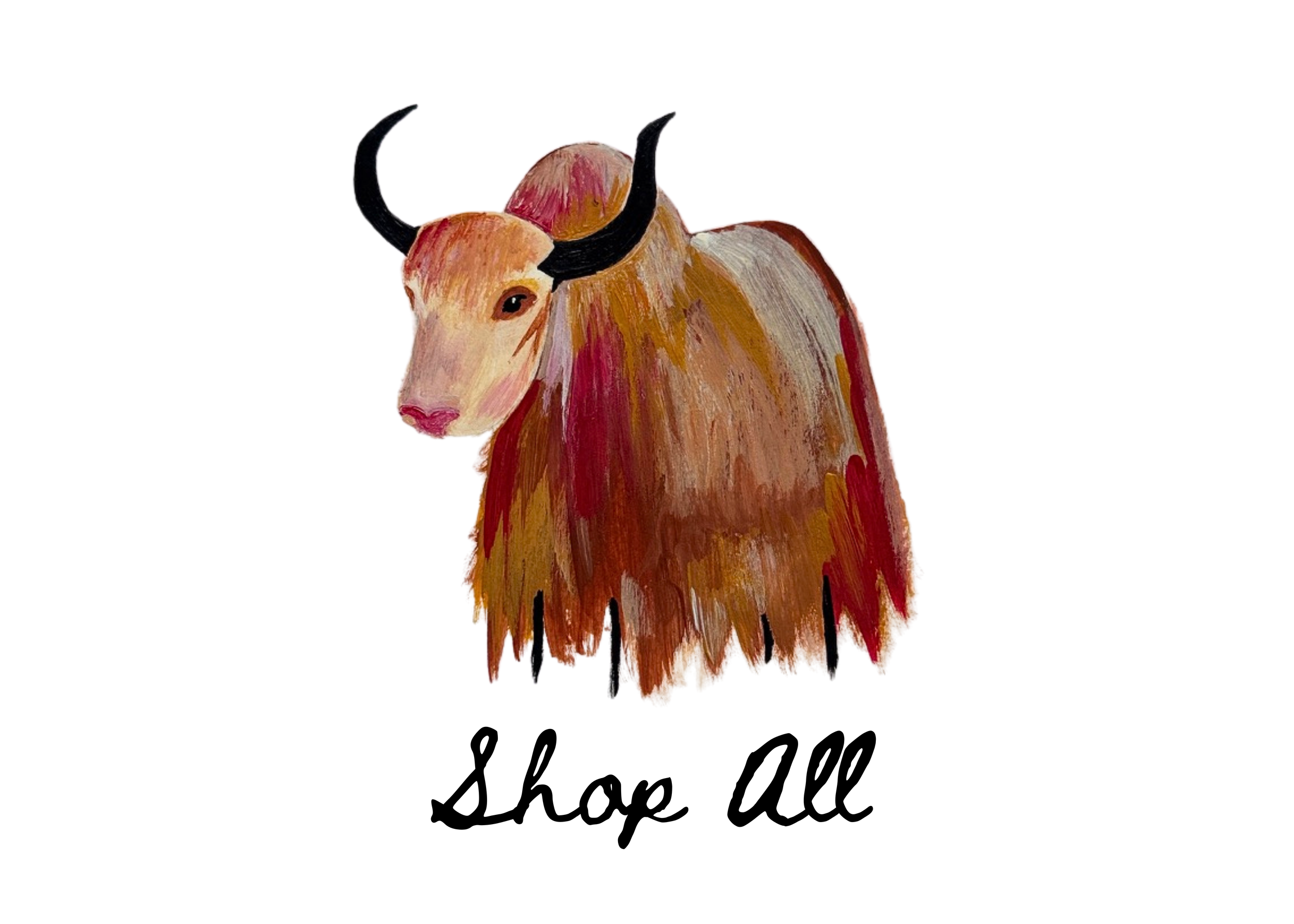 A painted image of a cow or yak with black horns, brown and cream-colored fur, and a pink nose, painted in an abstract style with brushstrokes.