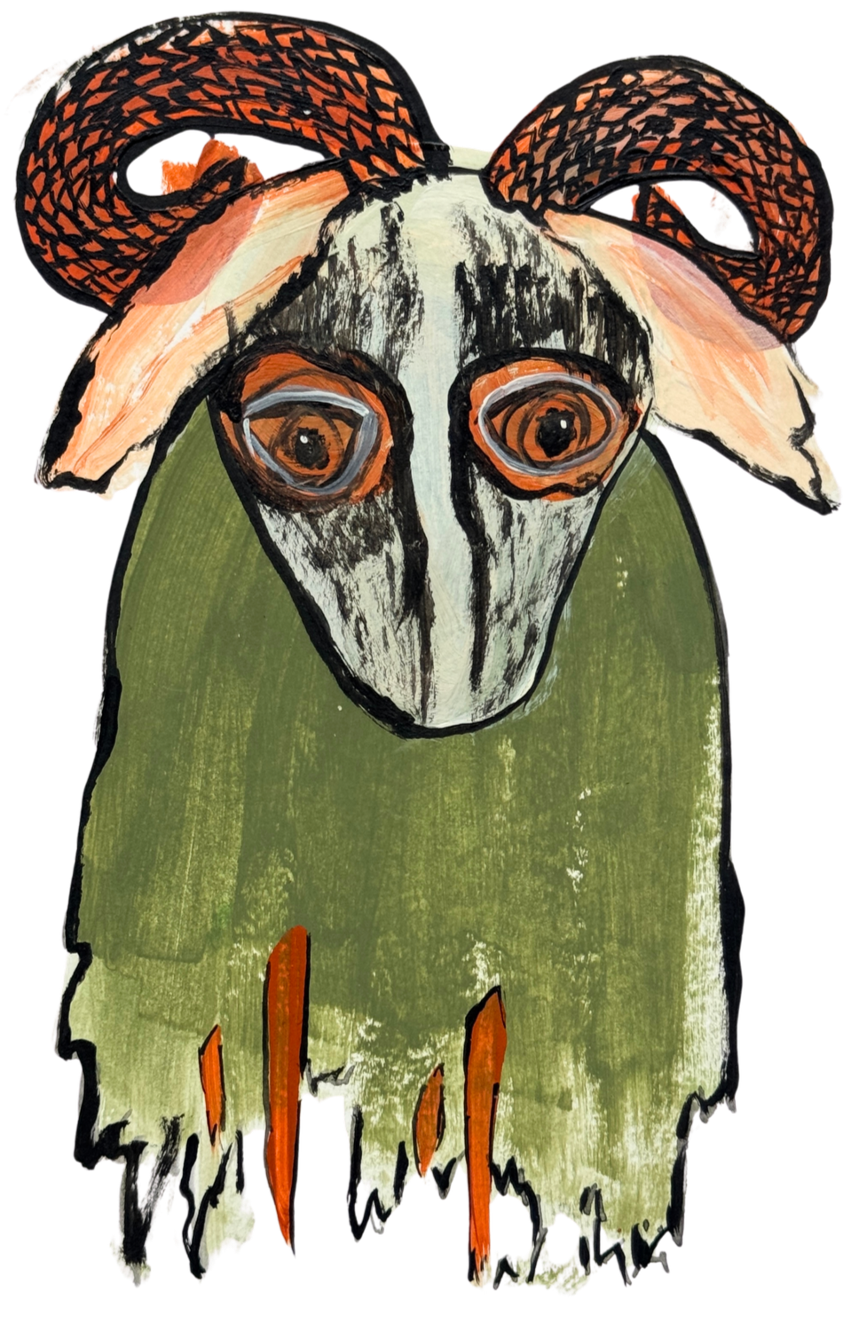 A painting of a goat with large, spiral horns, big eyes, and a long face, wearing a green garment.