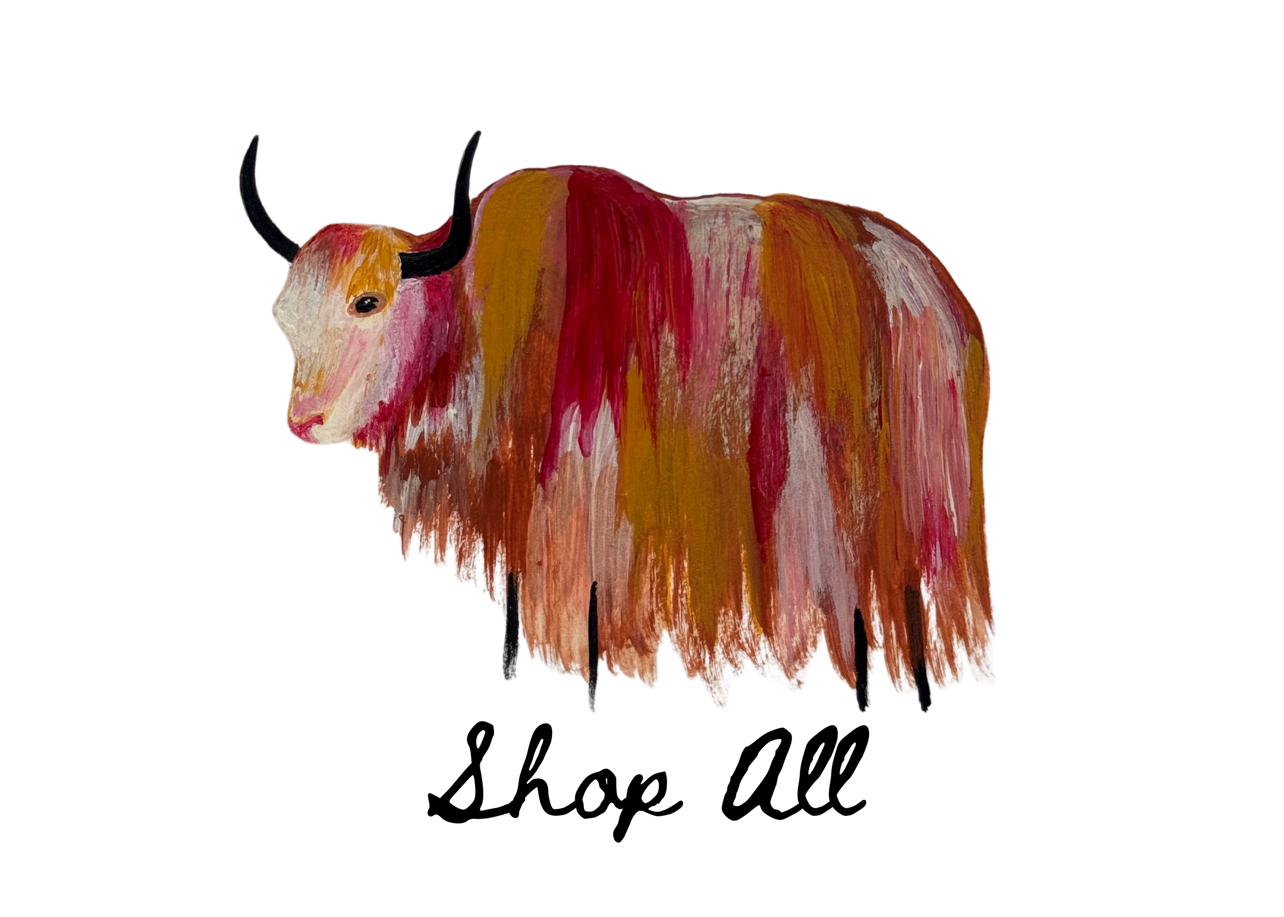 Painting of a long-haired cow or yak with black horns and a colorful coat in shades of red, orange, yellow, and pink, set against a white background.