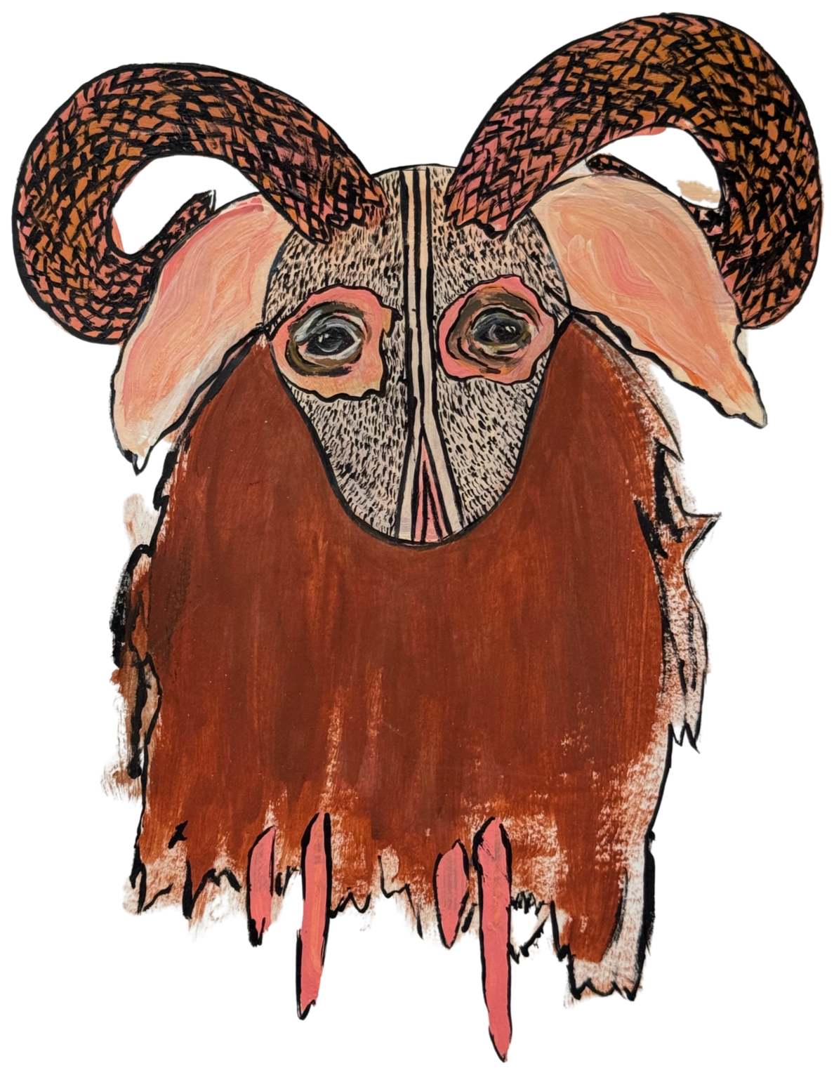 A colorful, stylized illustration of a goat with large, curved horns, a brown and black face, and a flowing brown beard.