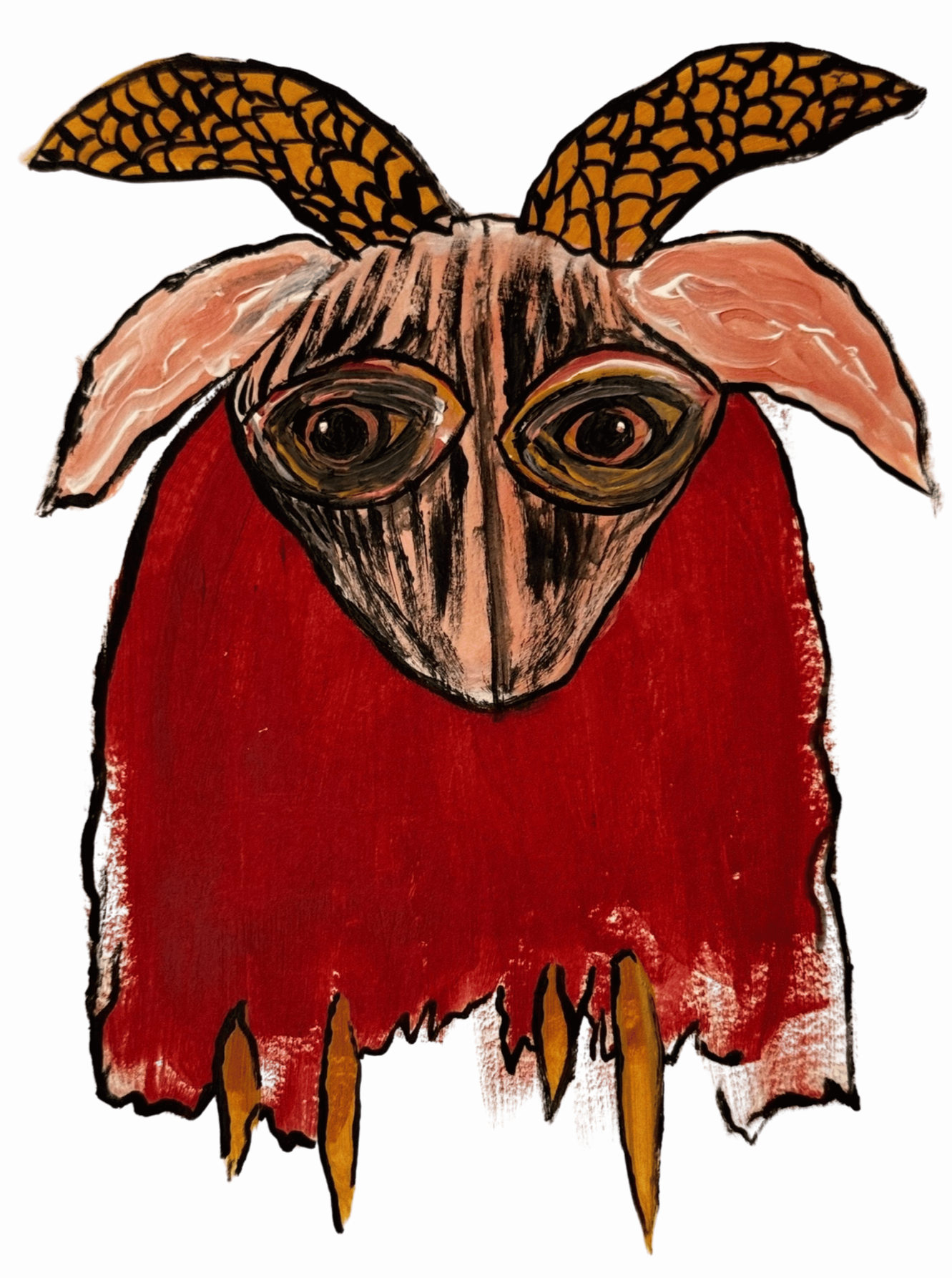 A drawing of a goat with large eyes, wearing a red garment, and with horns that have a pattern resembling a net or web.