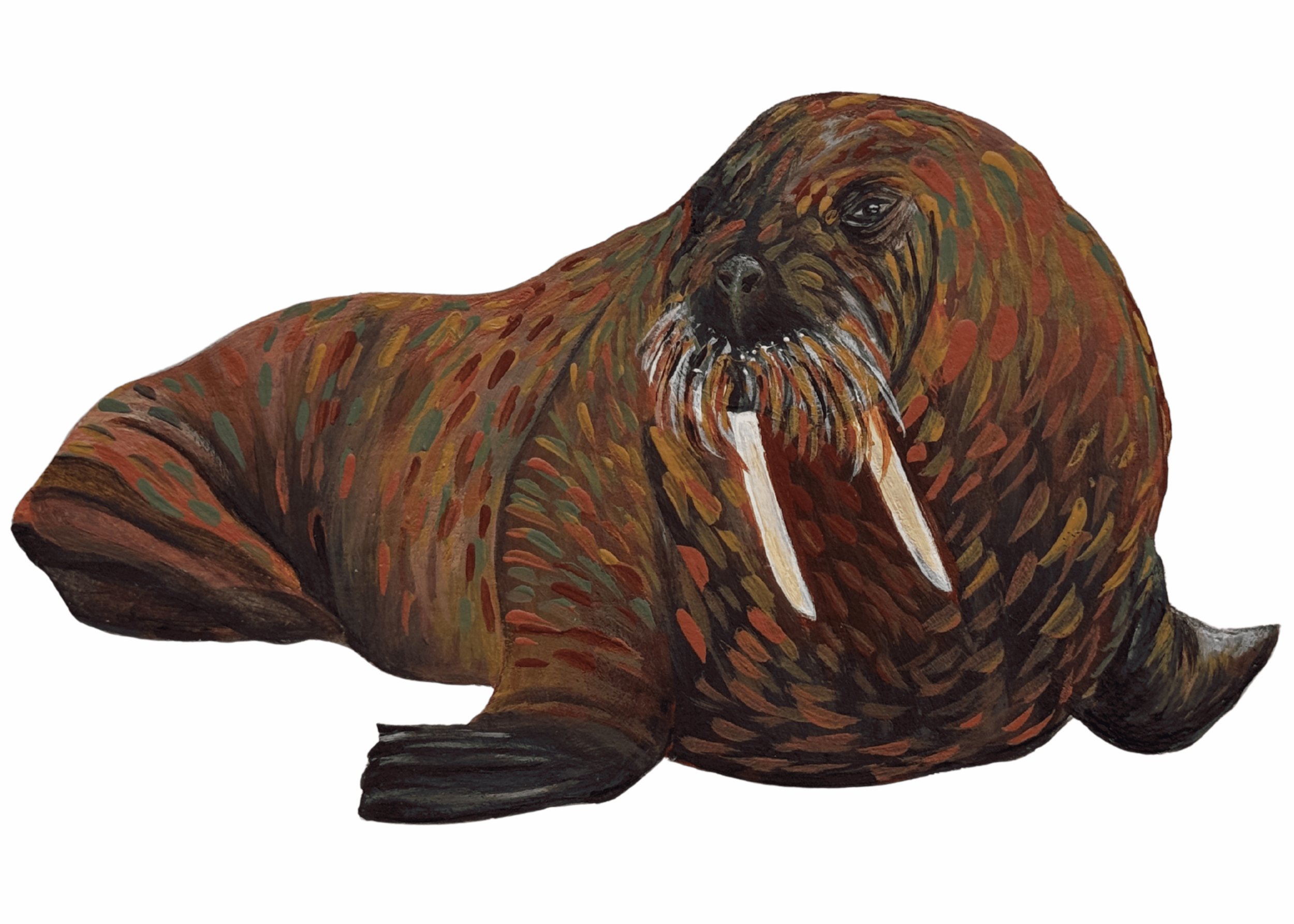 Painting of a large walrus with brown, black, and orange fur against a plain gray background.