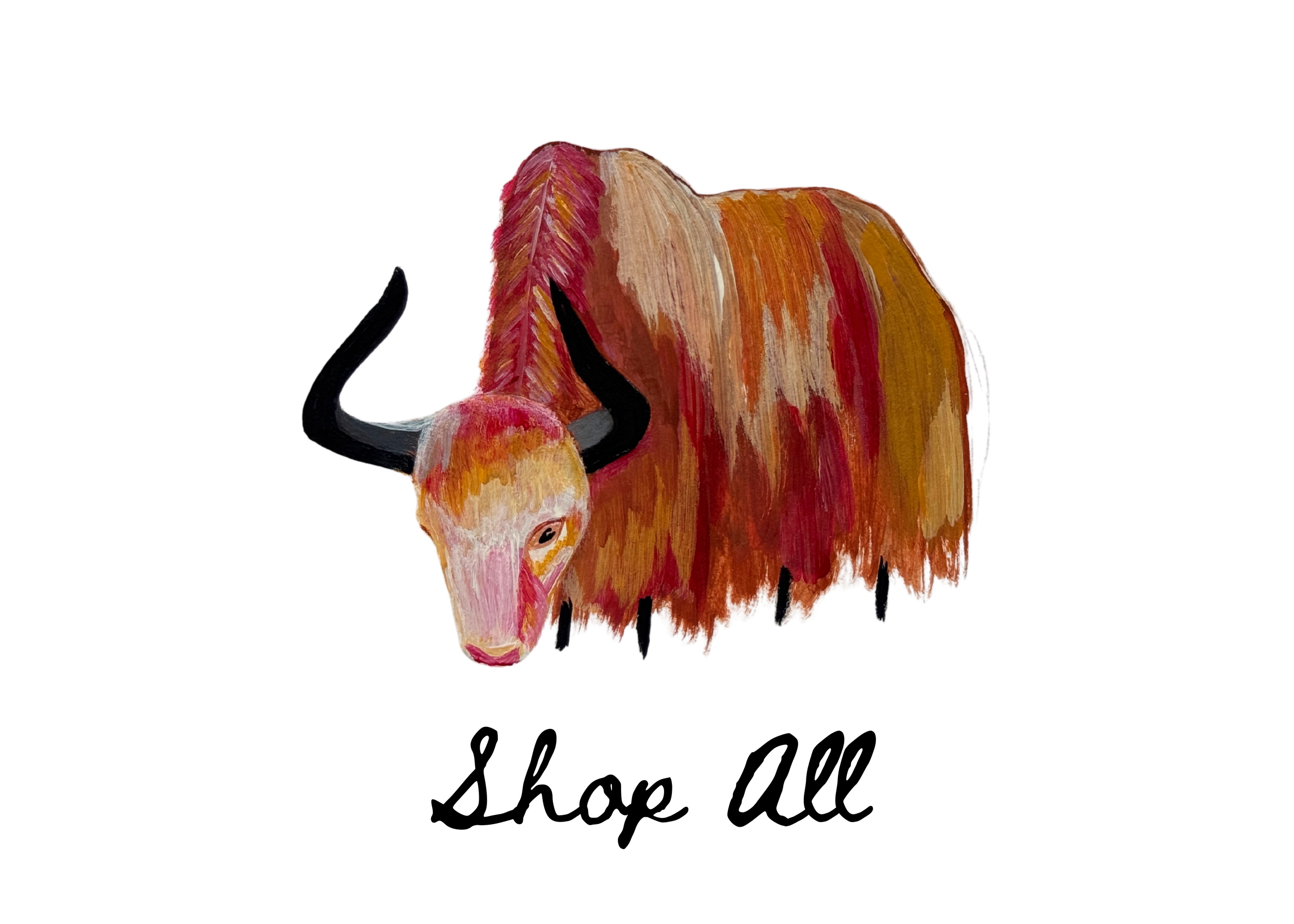 Painting of a yak with orange, red, yellow, and black colors on a white background.