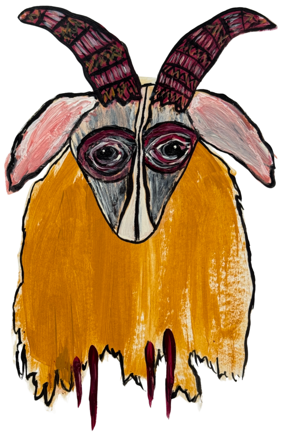 A colorful, abstract painting of a goat with large curved horns, pink ears, and a yellow body, featuring bold black outlines and a mix of artistic brushstrokes.