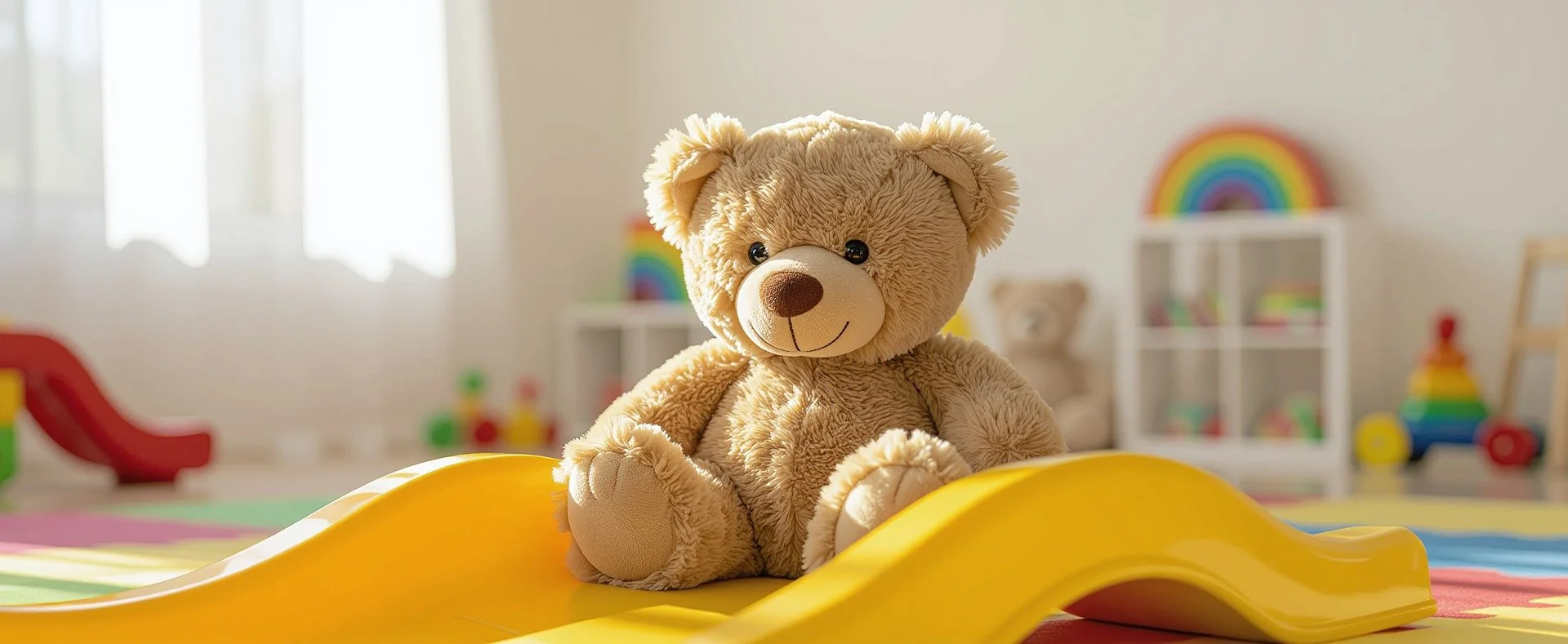 A plush teddy bear sitting on a yellow playground slide in a brightly lit children's playroom with rainbow decorations.