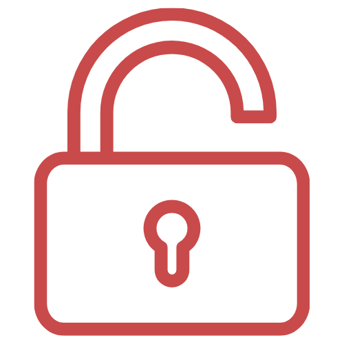 Outline icon of an unlocked padlock in red.