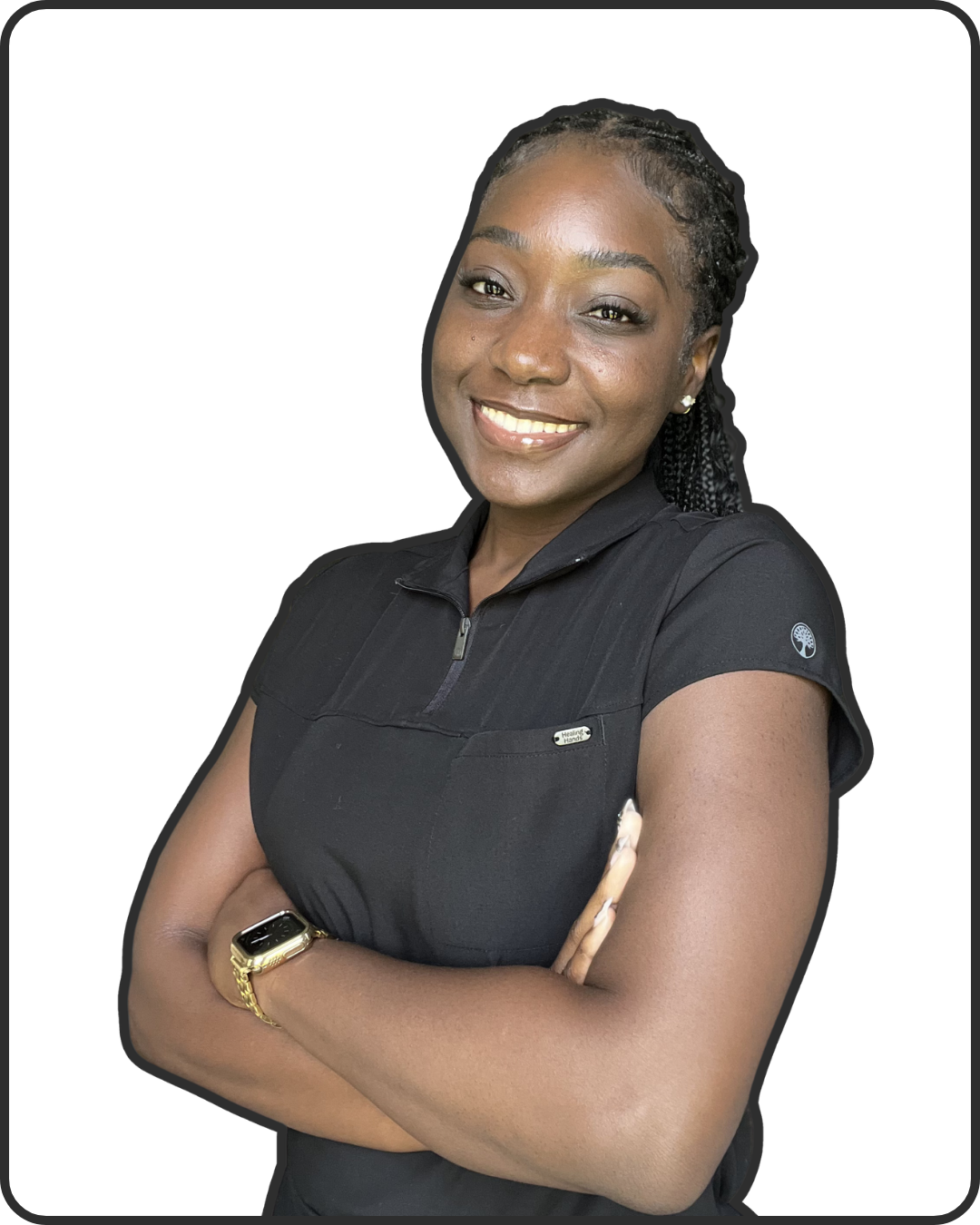Dr. Claudie Pascal wearing a black scrub top with a logo on the sleeve, a gold watch, and earrings, standing with her arms crossed against a white background.
