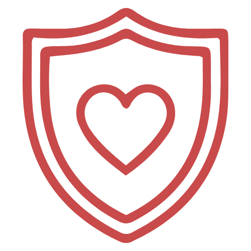 A shield with a heart inside, outlined in red.