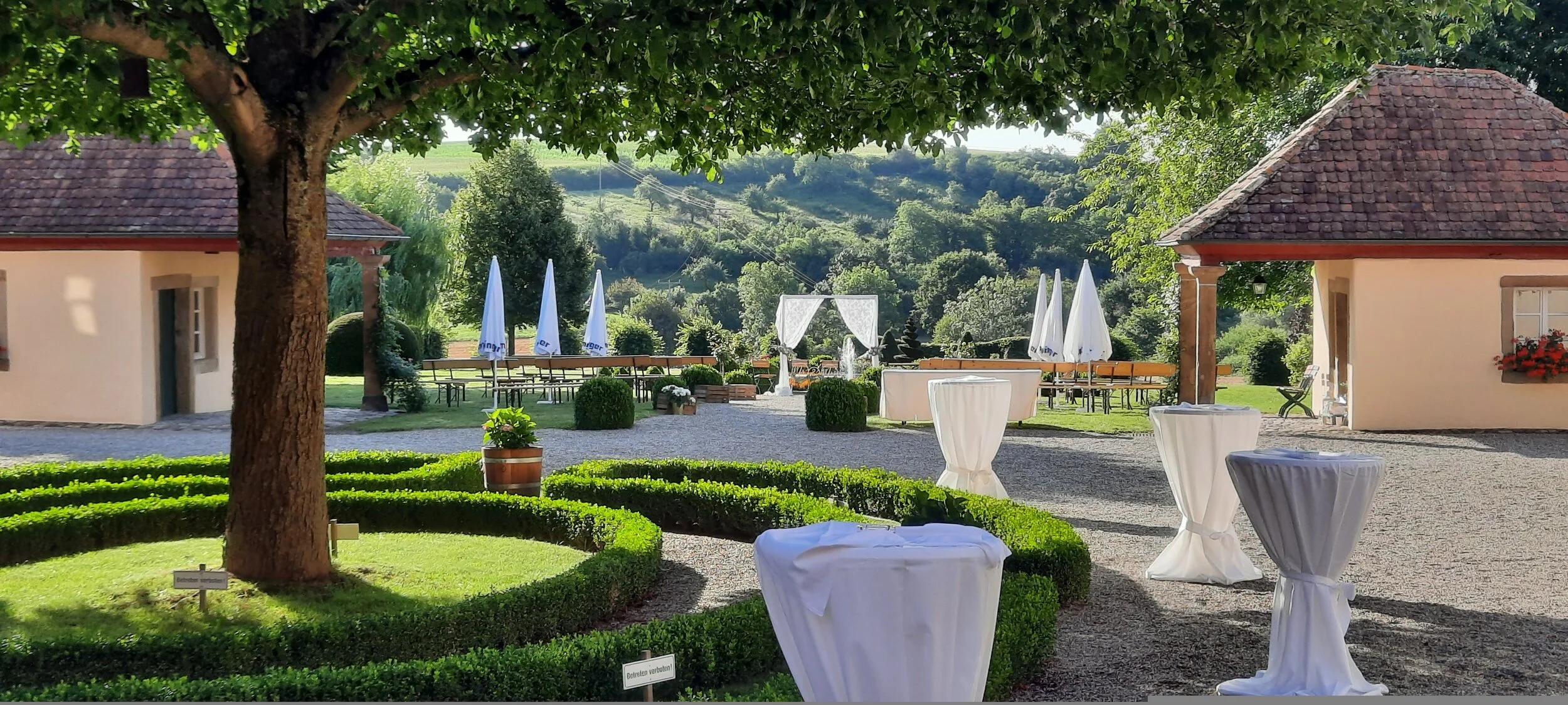 Ein gepflegter Gartenbereich mit Bäumen, Stühlen, Sonnenschirmen und Dekorationen, vermutlich für eine Feier im Freien, umgeben von grünen Hügeln und Bäumen im Hintergrund.