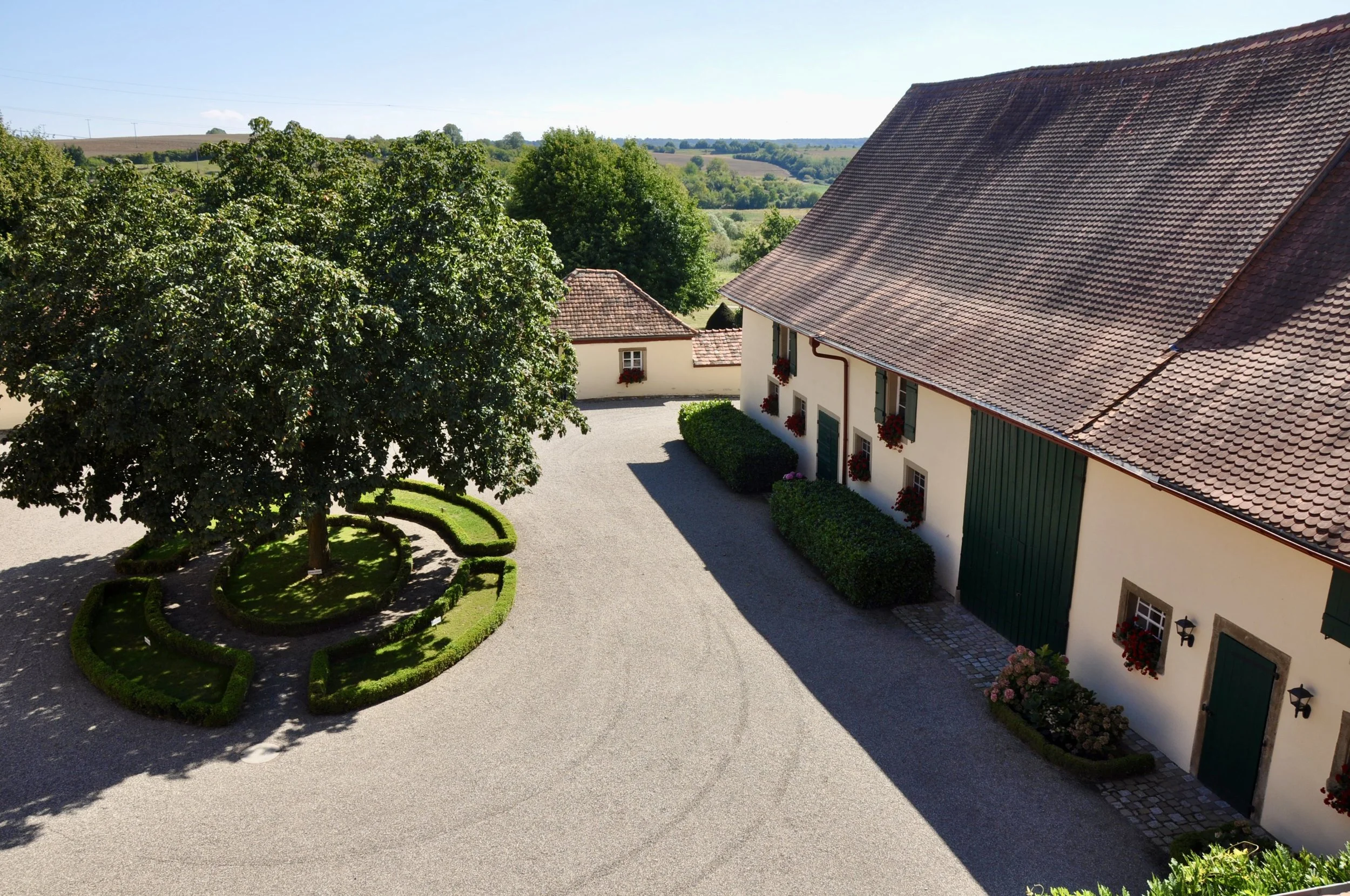 Menschen sammeln sich im Innenhof von Gut Schwarzerdhof und lassen rosa Herzballons in den Himmel steigen. Im Hintergrund sind traditionelle Fachwerkhäuser und eine große Kastanie zu sehen.