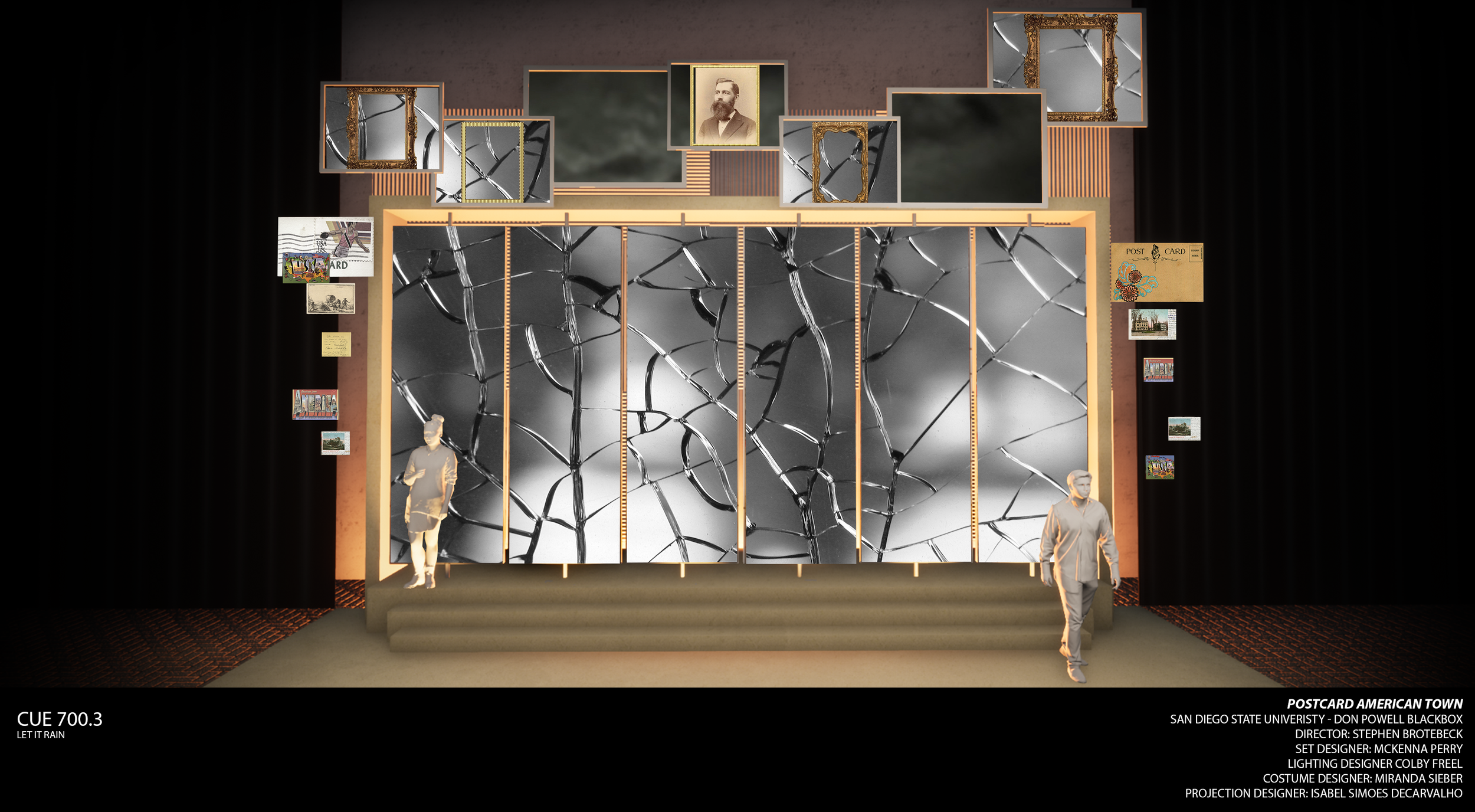 Rendering of a shattered reality projection design cue for the world premiere musical “Postcard American Town,” done in Photoshop.
