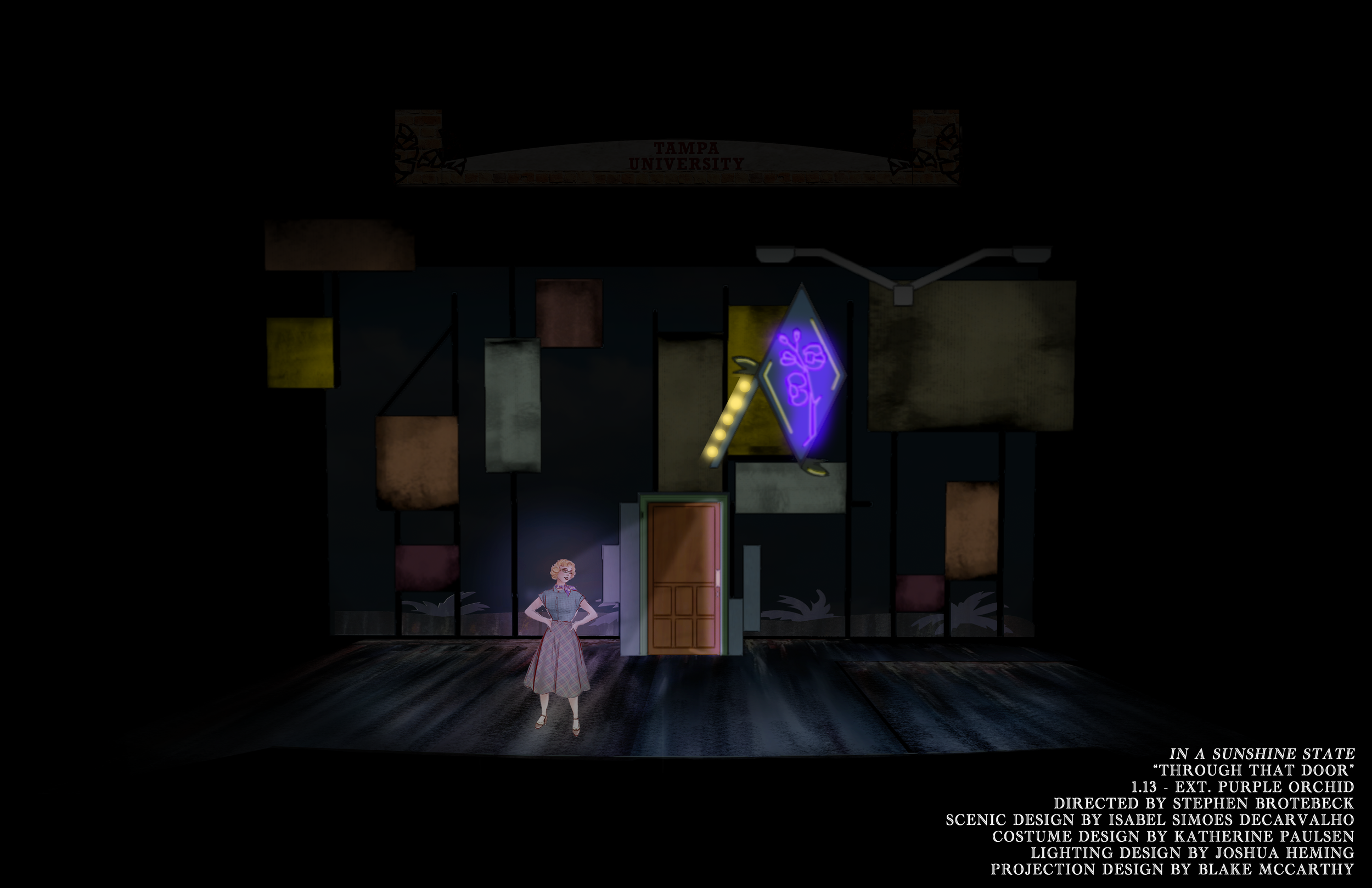 Photoshop storyboard rendering of the door opening to the lesbian bar set for the scenic design for the world premiere musical “In a Sunshine State.”