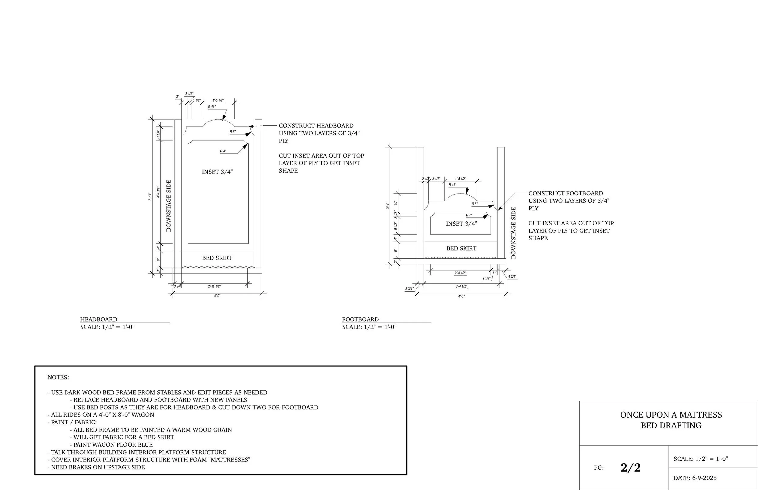 Architectural drafting of the bed for the opera “Once Upon a Mattress,” done in Vectorworks