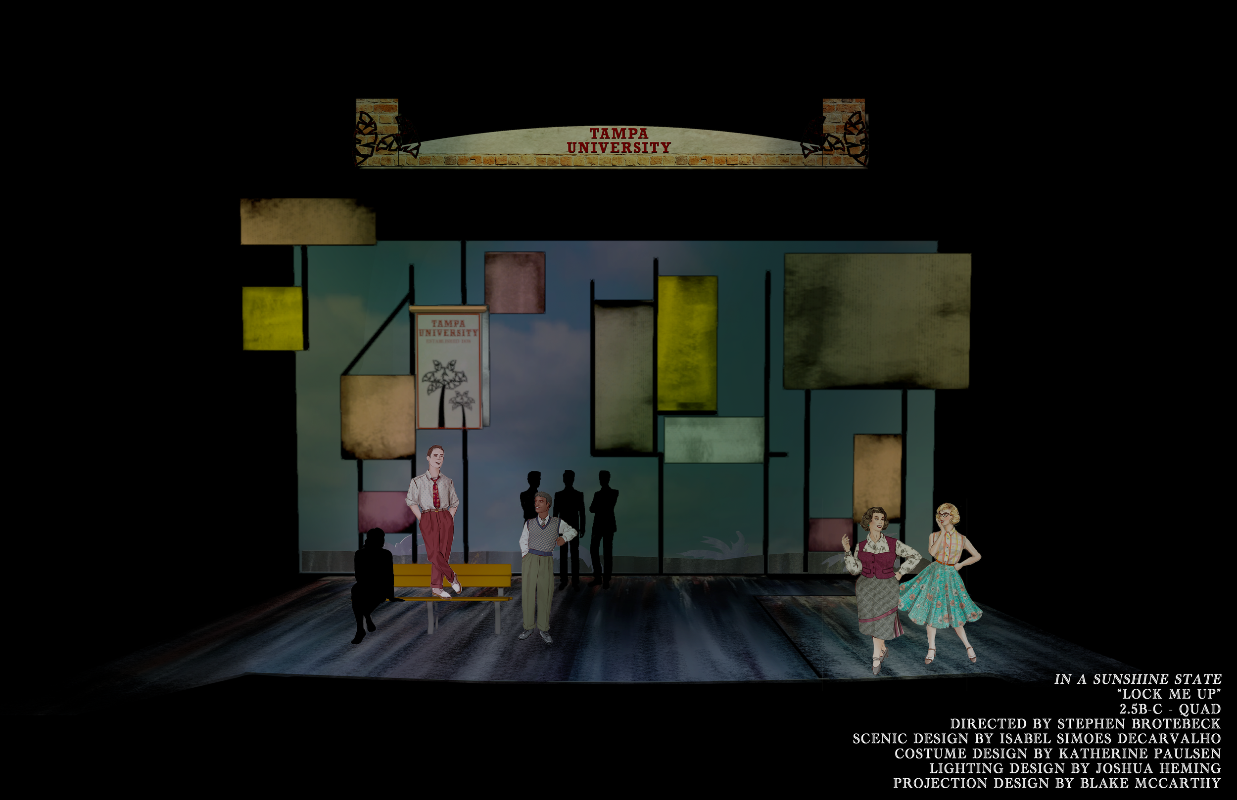 Photoshop storyboard rendering of Tampa University Quad set for the scenic design for the world premiere musical “In a Sunshine State.”
