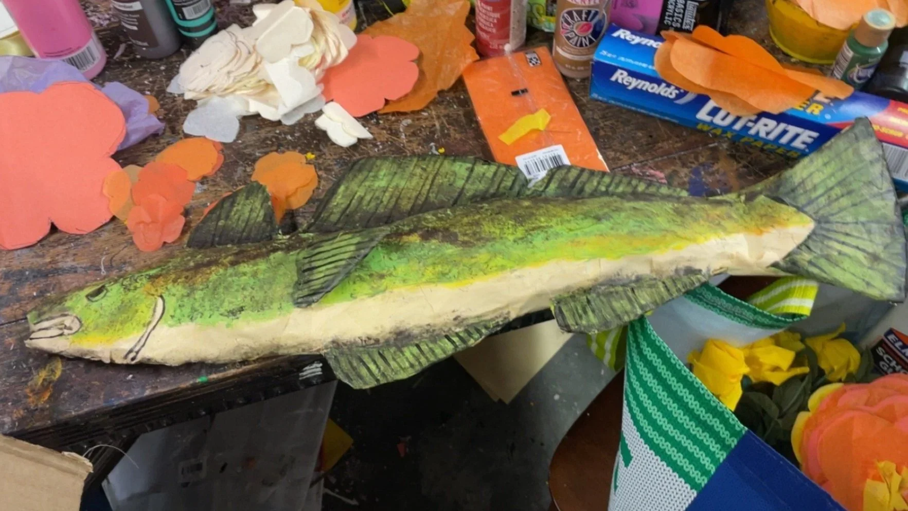 A paper mache fish created to be reeled in onstage during the opera “The Pirates of Penzance”