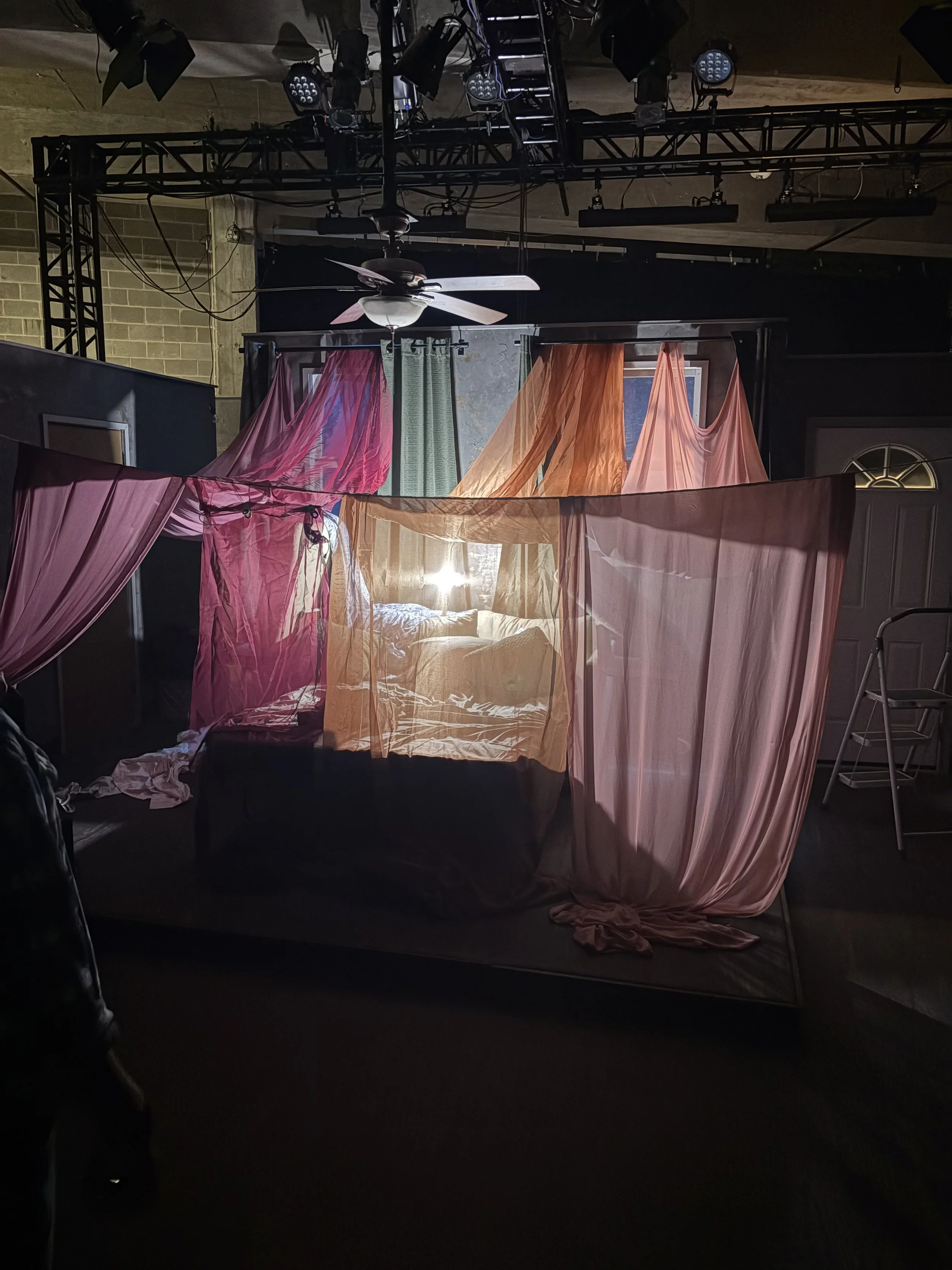 Trial of gold and purple fabrics for the fort in the play “Furlough’s Paradise” by A.K. Payne