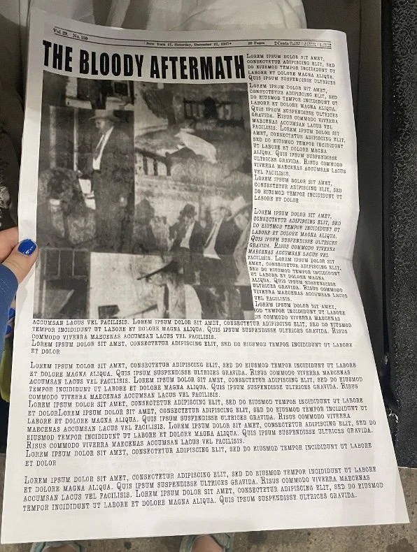 The printed back page of the tabloid newspaper prop for the opera “Street Scene”