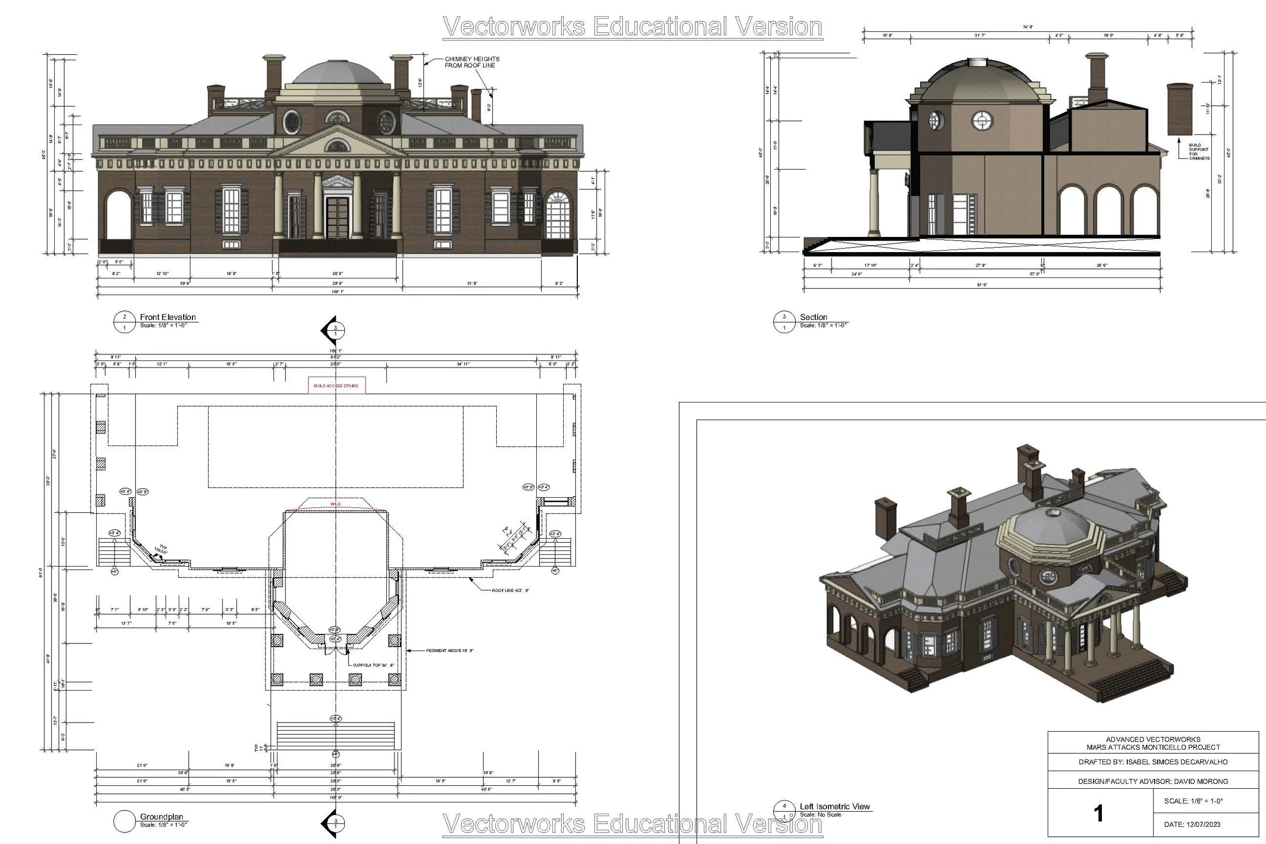 Architectural drafting plate done in Vectorworks with Twinmotion renderings of Thomas Jefferson’s Monticello.