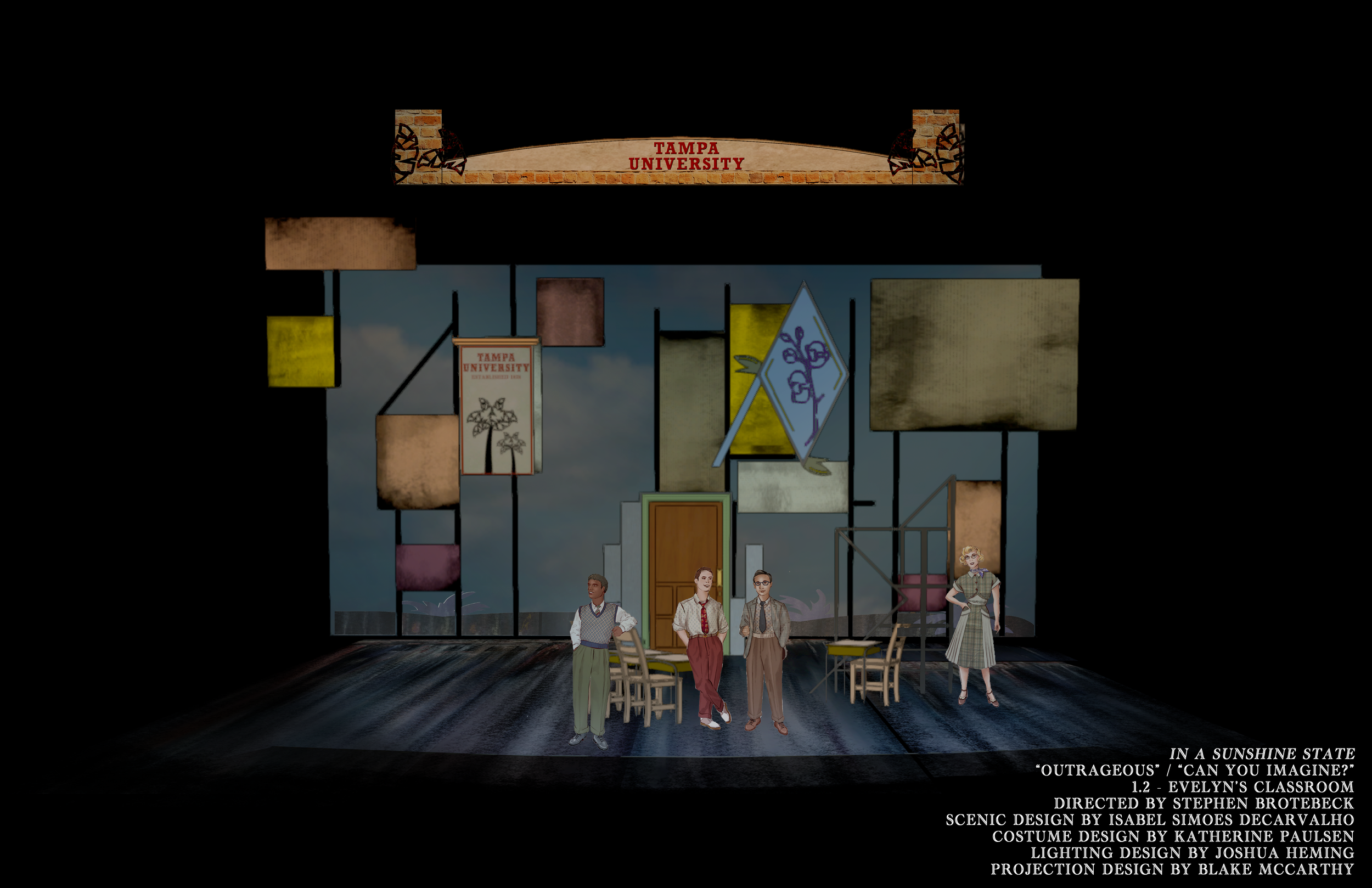 Photoshop storyboard rendering of the University classroom set for the scenic design for the world premiere musical “In a Sunshine State.”